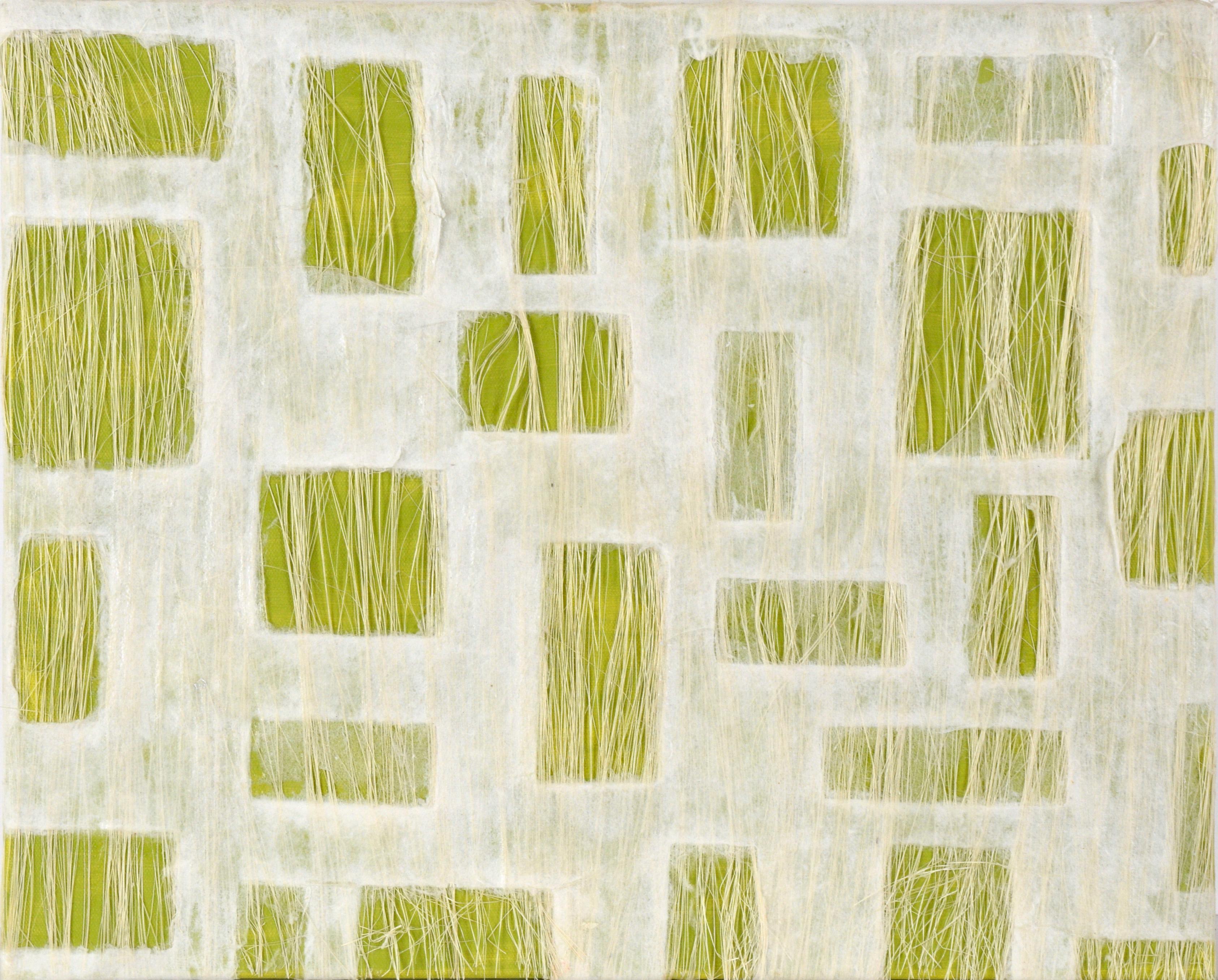 Unknown Abstract Painting – Abstrakte geometrische Komposition aus Papier, Fasern und Acryl auf Leinwand (Grün)