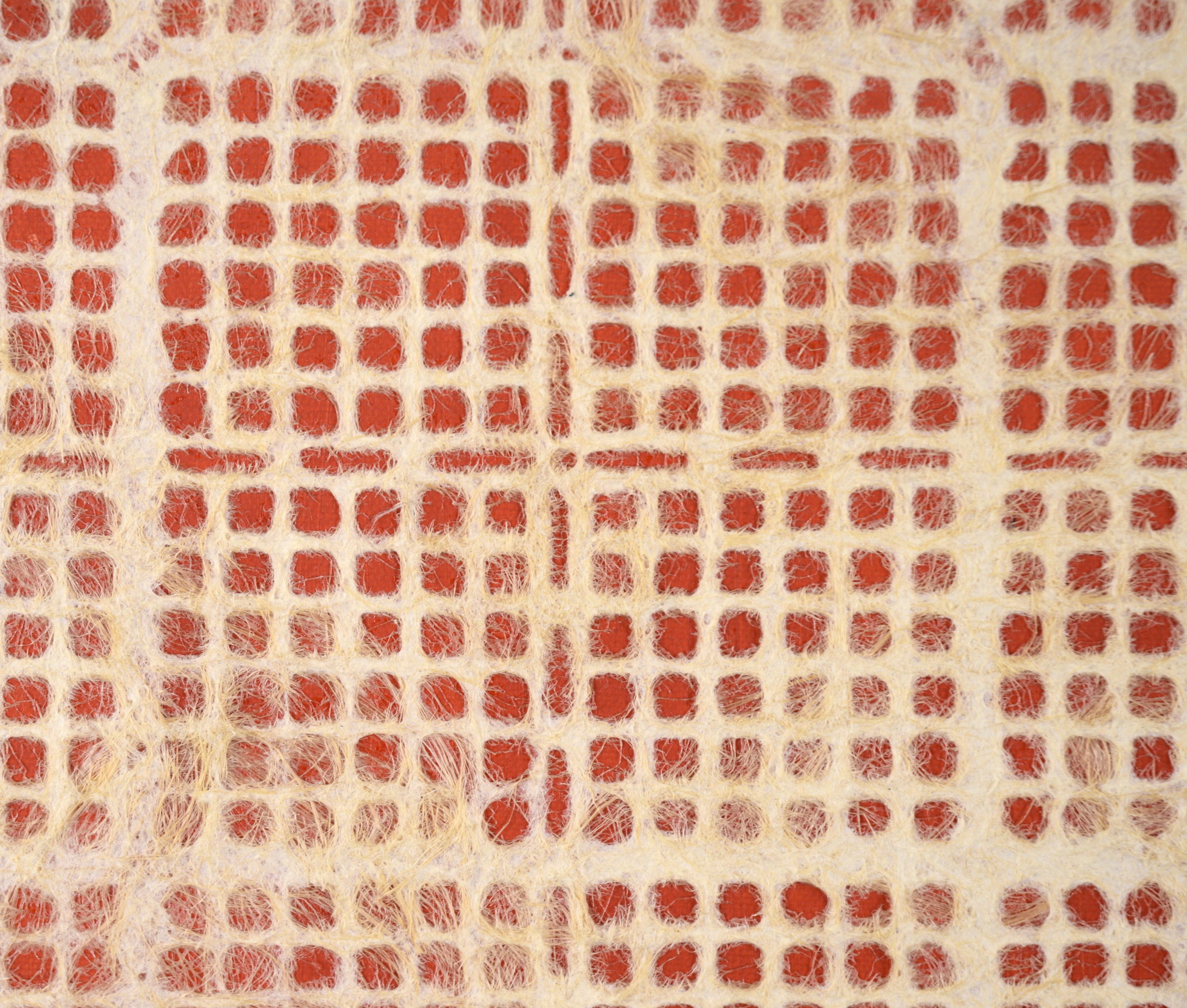 Composition géométrique abstraite avec papier, fibres et acrylique sur toile (rouge) - Painting de Unknown