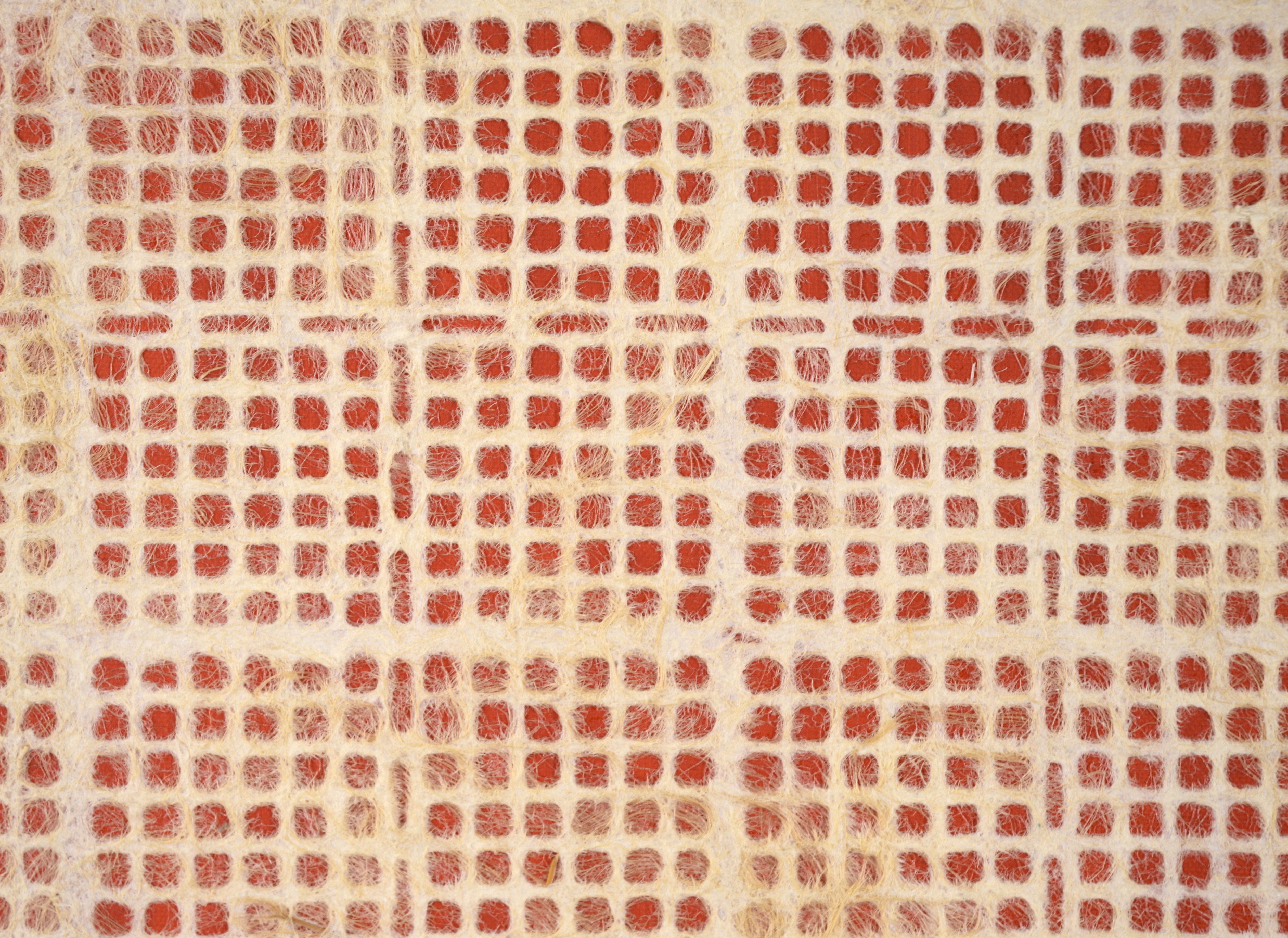 Abstract Geometric Composition with Handmade Paper, Fibers and Acrylic on Canvas (Red)

Whimsical abstract composition by an unknown artist (20th Century). Red acrylic paint makes up the background of this composition. Atop that, there is a layer of