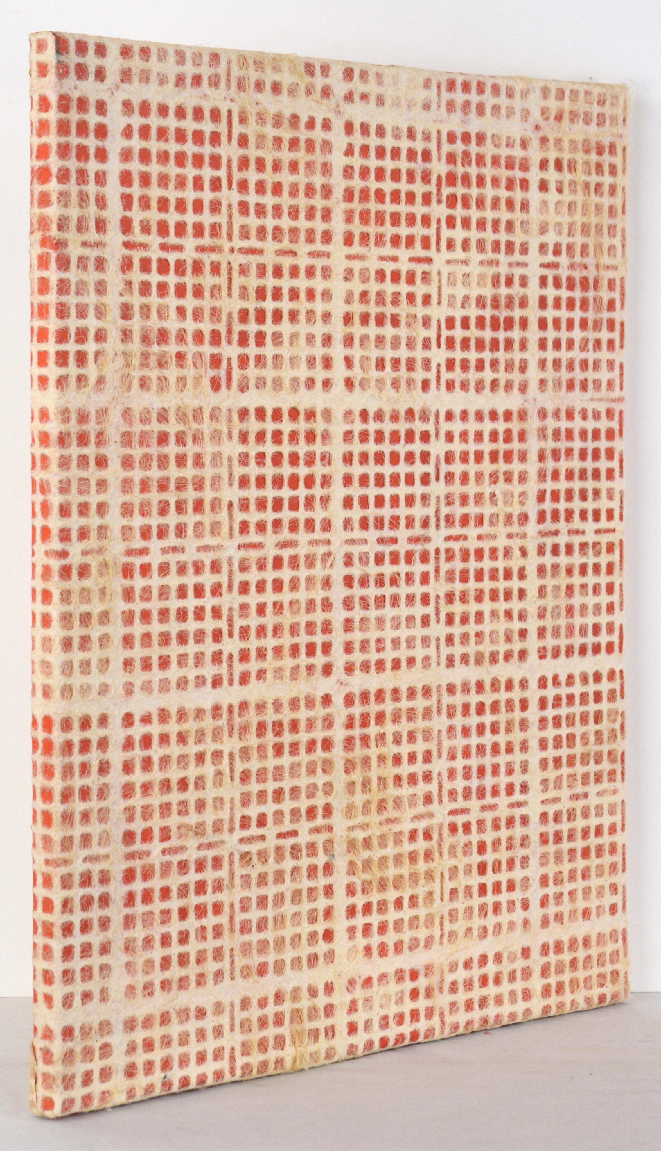 Composition géométrique abstraite avec papier, fibres et acrylique sur toile (rouge) en vente 2