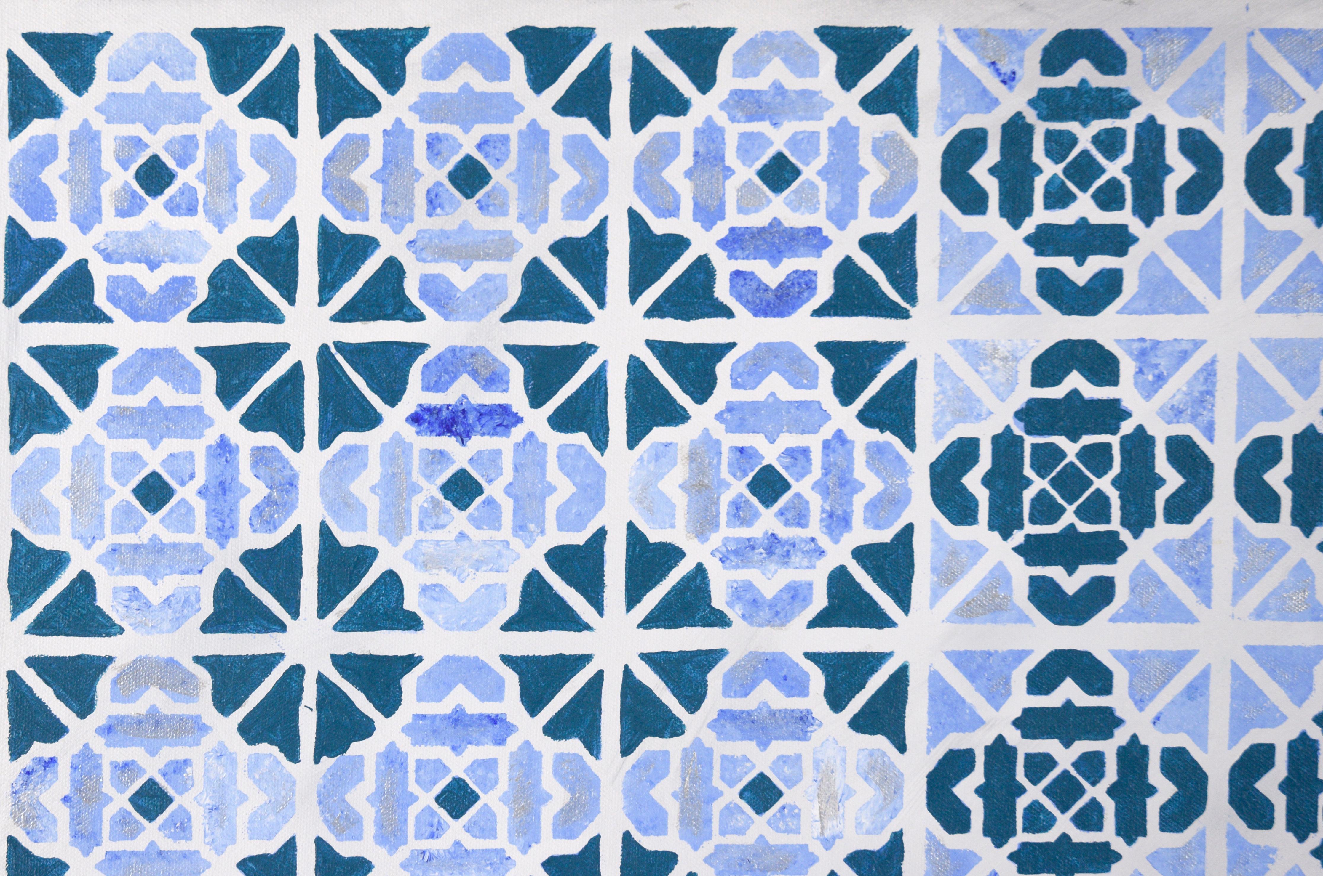 Op-Art - Motif géométrique abstrait en carreaux bleus et argentés - Acrylique sur toile - Painting de Unknown