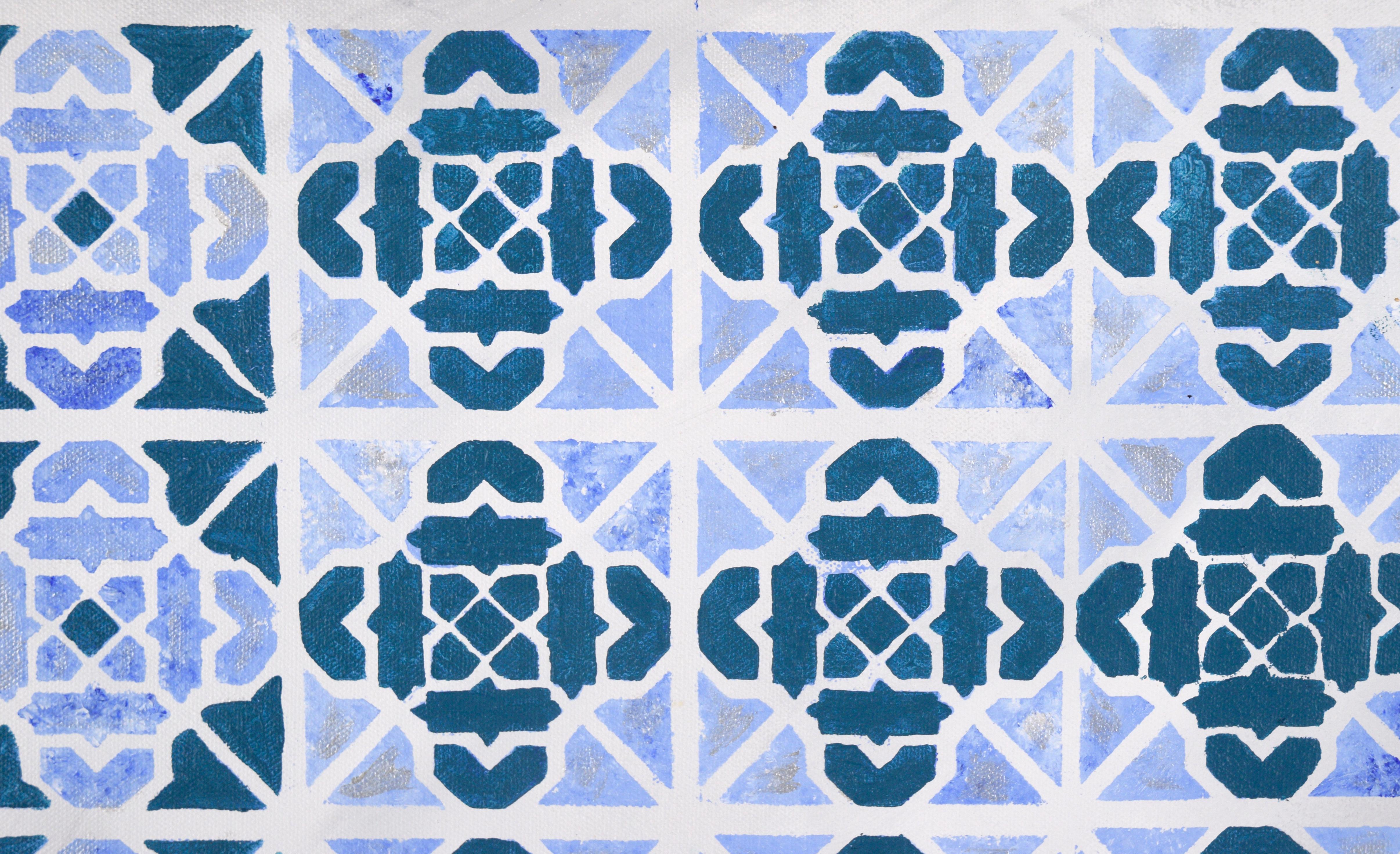 Abstraktes geometrisches Kachelmuster Op-Art in Blau und Silber - Acryl auf Leinwand

Geometrische Op Art in Blau und Silber von einem unbekannten Künstler. Es gibt vier verschiedene Variationen eines geometrischen Musters, wie man es auch auf