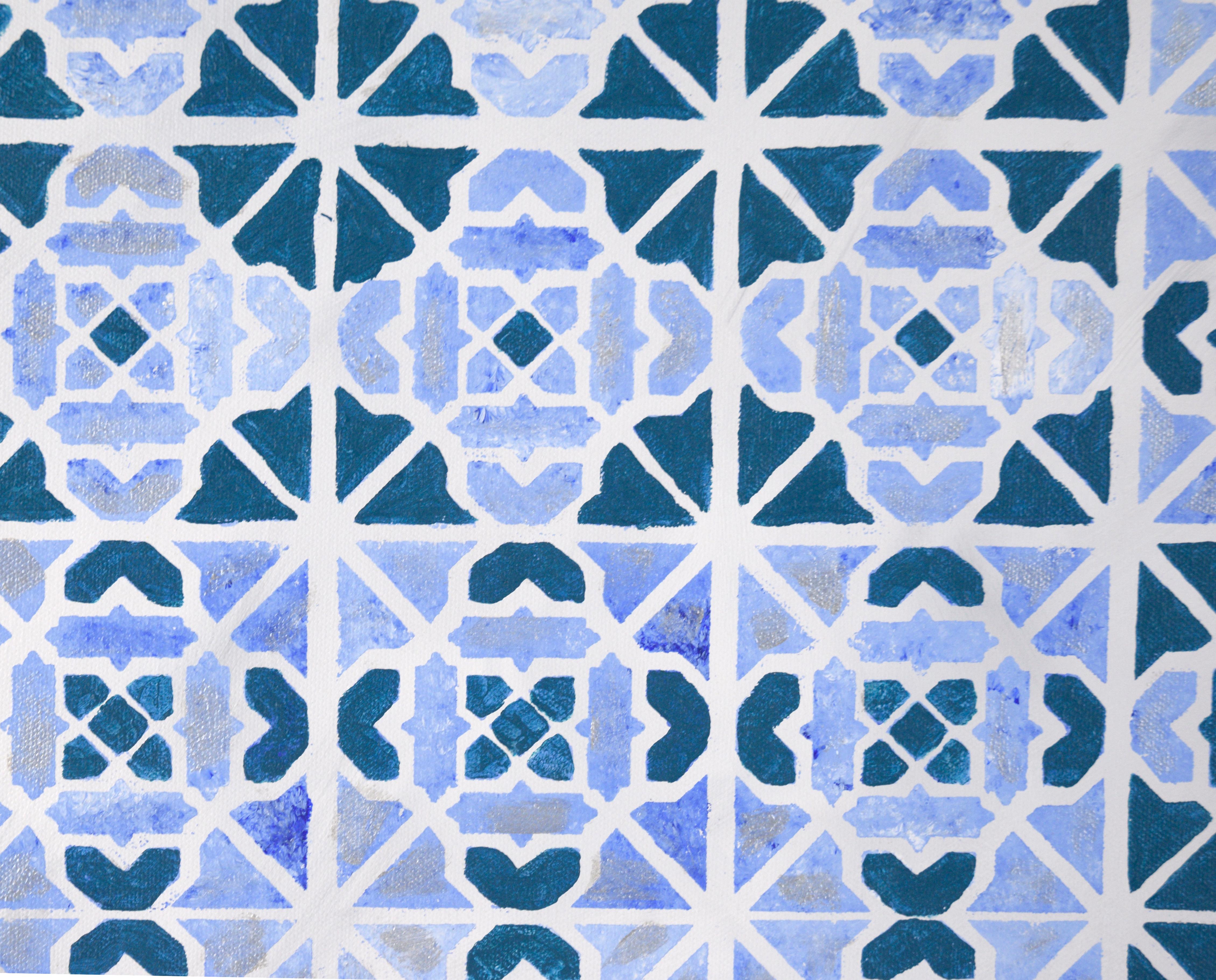 Op-Art - Motif géométrique abstrait en carreaux bleus et argentés - Acrylique sur toile

Op Art géométrique en bleu et argent d'un artiste inconnu. Il existe quatre variations distinctes d'un motif géométrique, comme celui que l'on trouve sur les