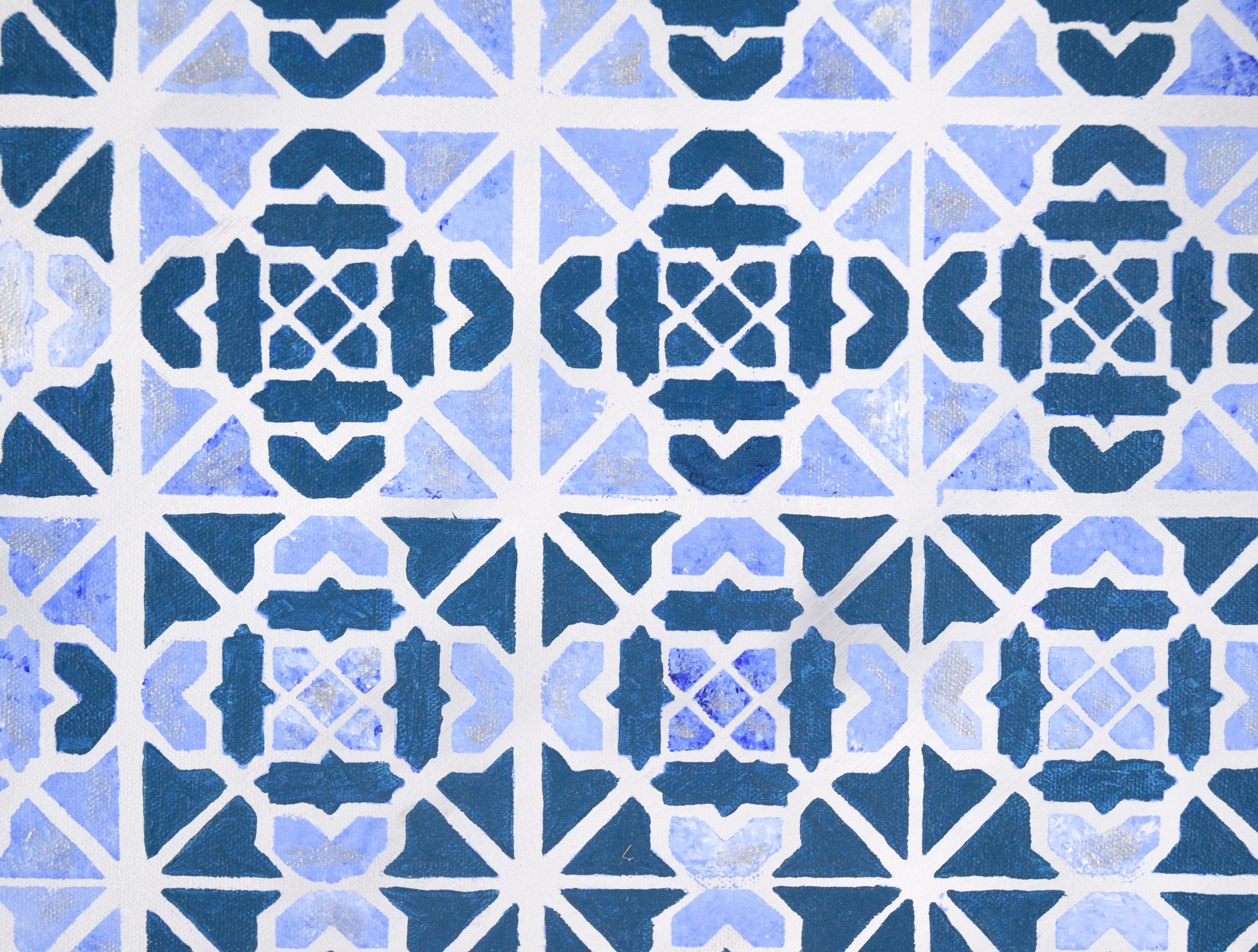 Op-Art - Motif géométrique abstrait en carreaux bleus et argentés - Acrylique sur toile en vente 1