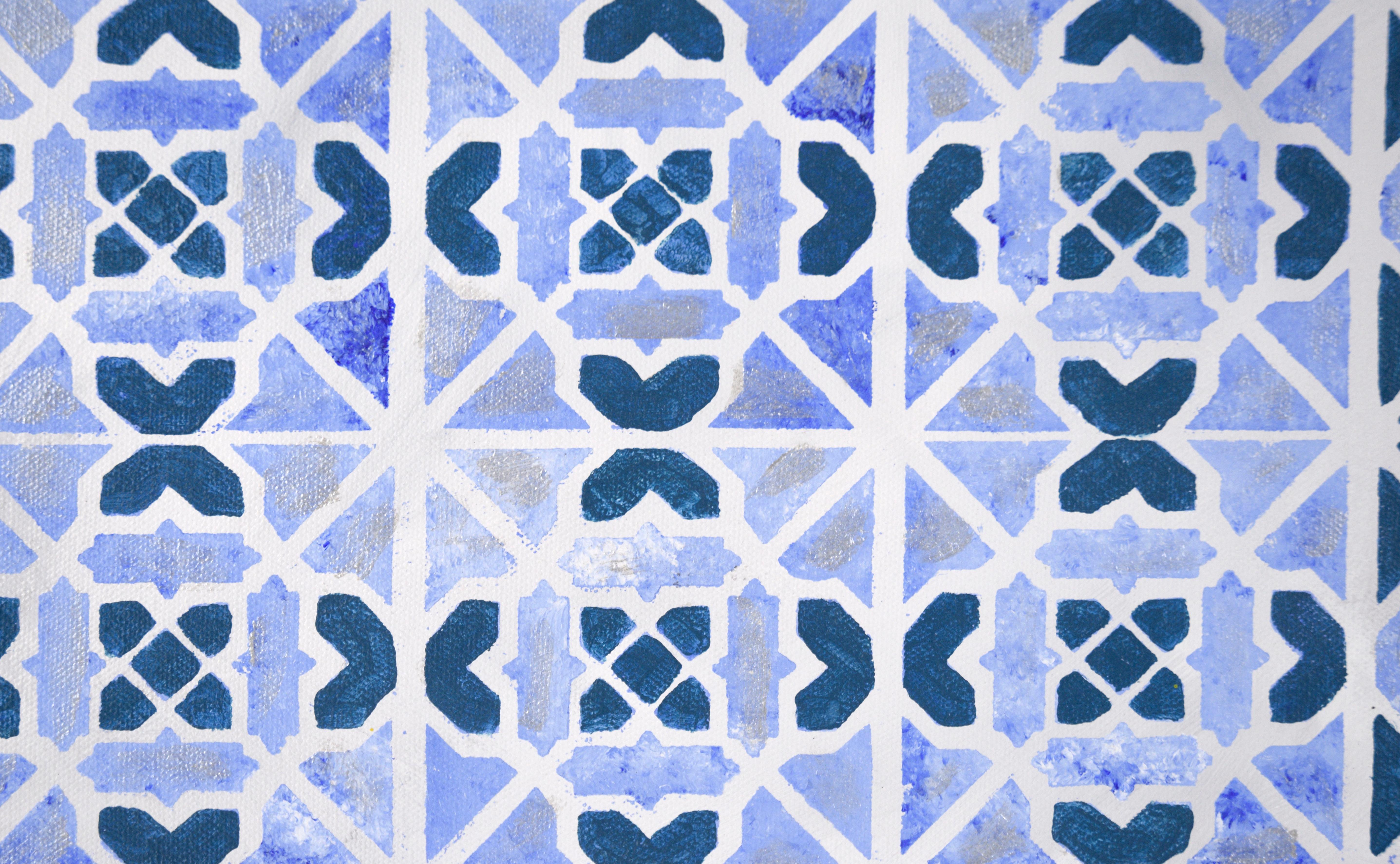 Op-Art - Motif géométrique abstrait en carreaux bleus et argentés - Acrylique sur toile en vente 2