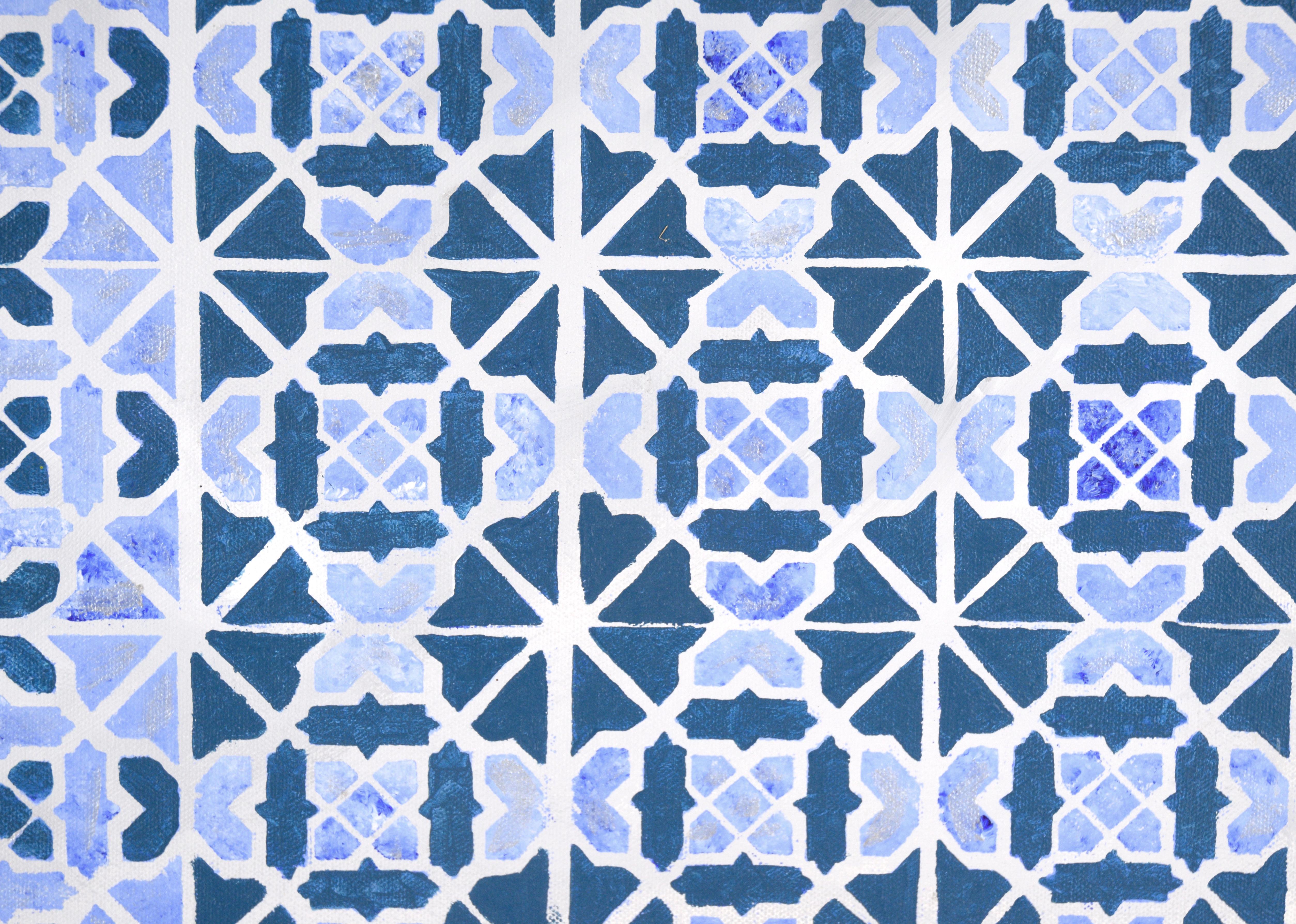 Op-Art - Motif géométrique abstrait en carreaux bleus et argentés - Acrylique sur toile en vente 3