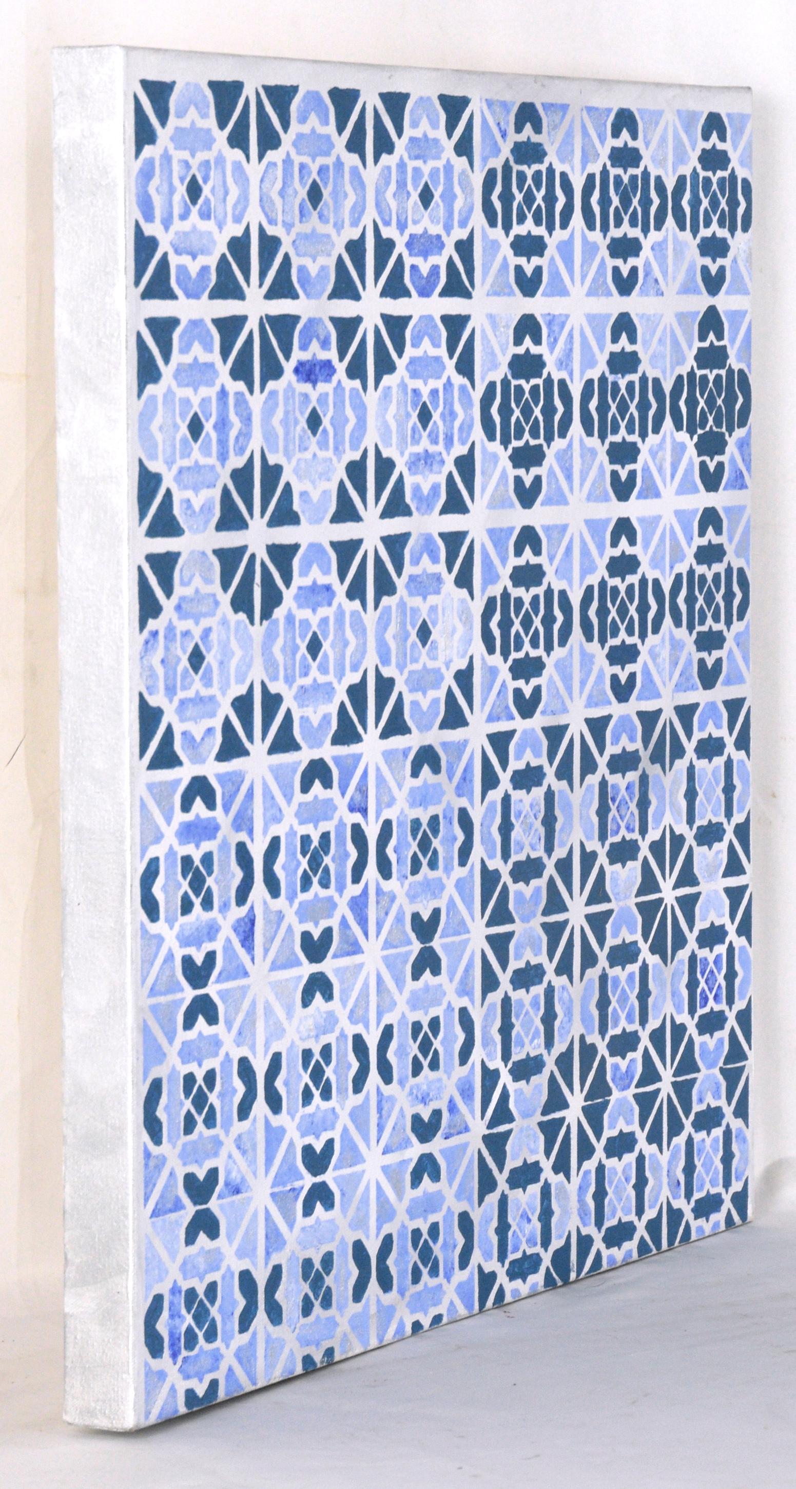 Abstraktes geometrisches Kachelmuster Op-Art in Blau und Silber - Acryl auf Leinwand im Angebot 5