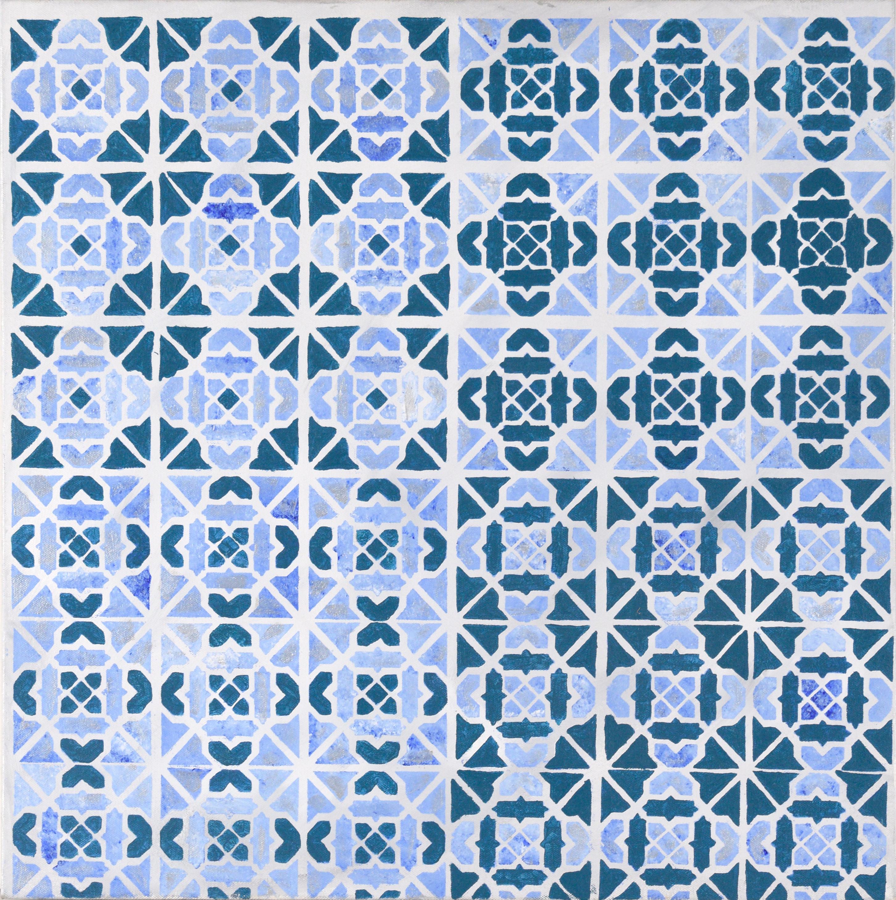 Abstract Painting Unknown - Op-Art - Motif géométrique abstrait en carreaux bleus et argentés - Acrylique sur toile
