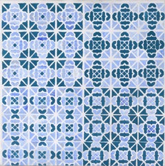 Abstract Geometric Tile Pattern Op-Art in Blues and Silver - Acrylic on Canvas