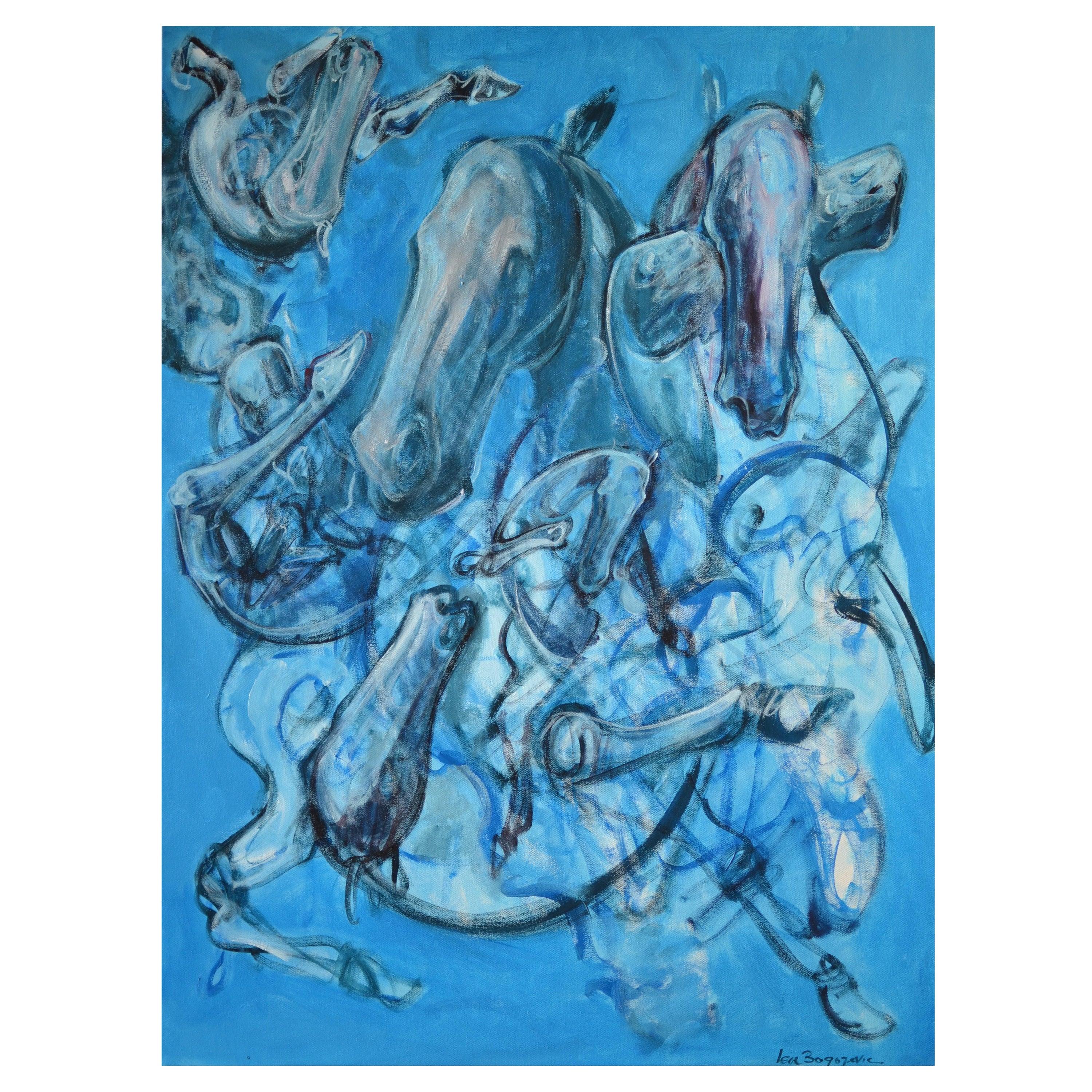 An impressive abstract acrylic on canvas painting of horses by the contemporary artist Igor Bogojevic ( Montenegro Born in 1980 ). The painting features a vivid blue tone color and showcases amazing details leading to a range of interpretations of
