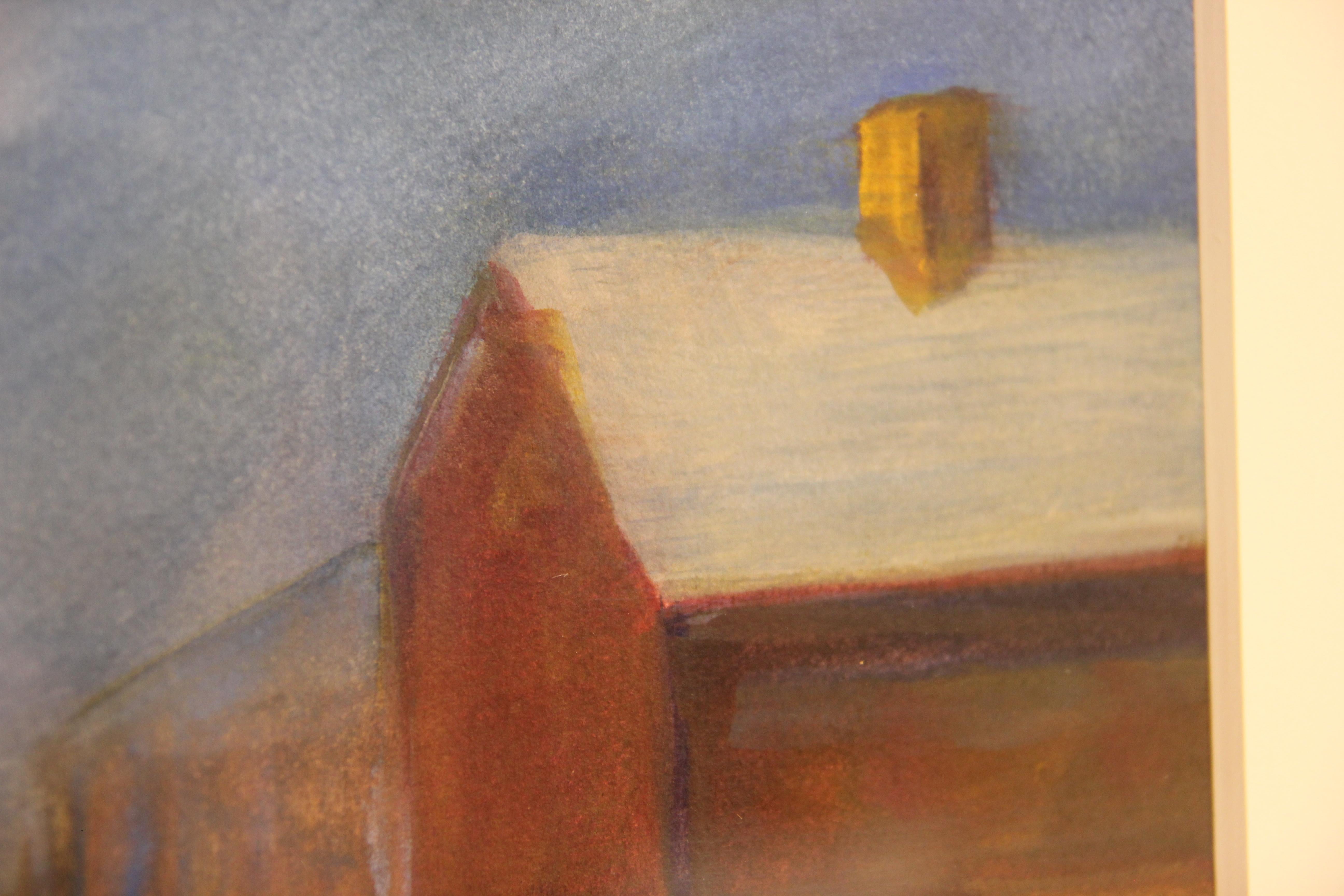 Peinture impressionniste abstraite de clairière et de grange en bord de mer aux tons froids - Impressionnisme abstrait Painting par Unknown