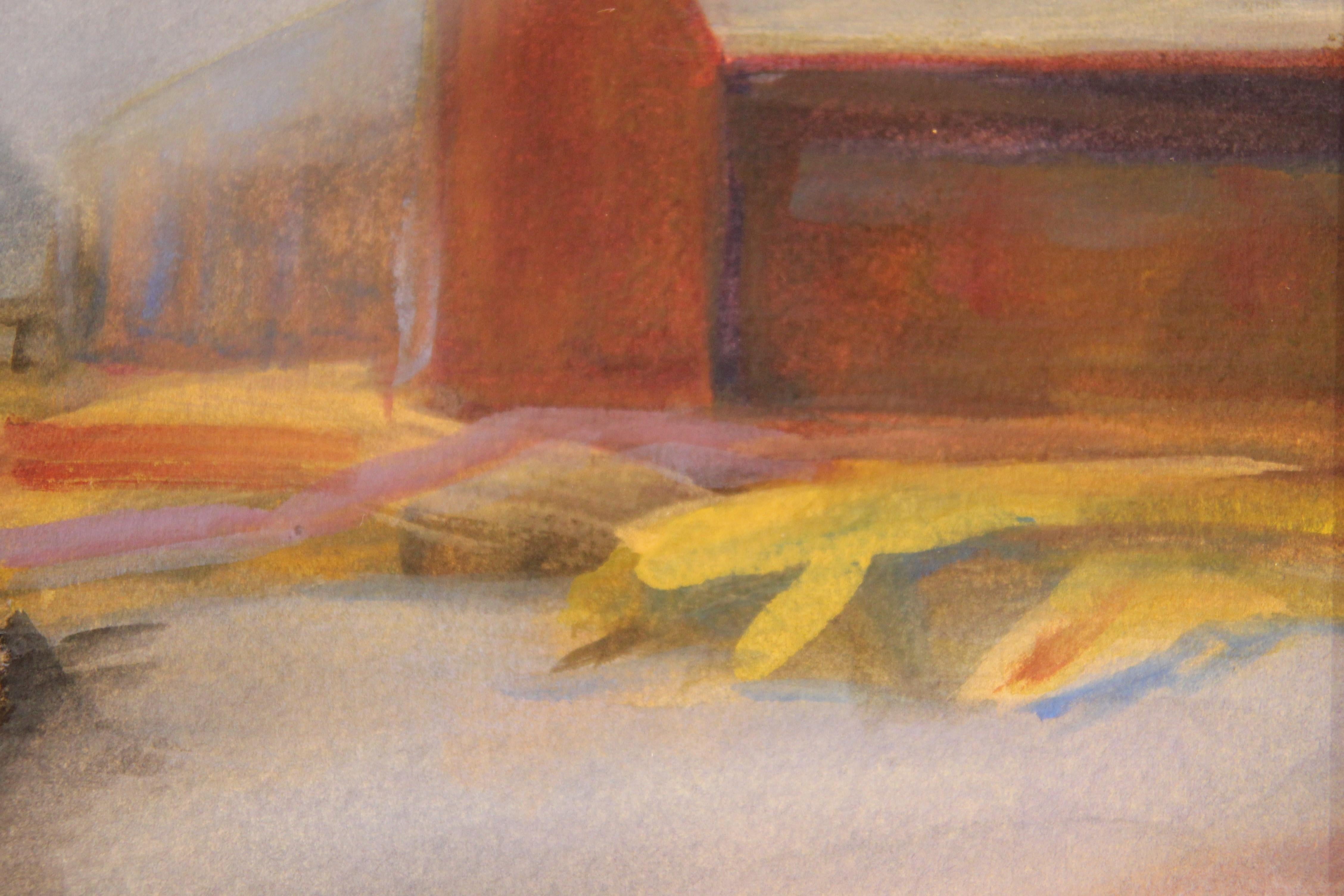 Abstraktes, impressionistisches, kühn getöntes Leuchtturm und Scheunenhaus, Meereslandschaft, Gemälde (Beige), Abstract Painting, von Unknown