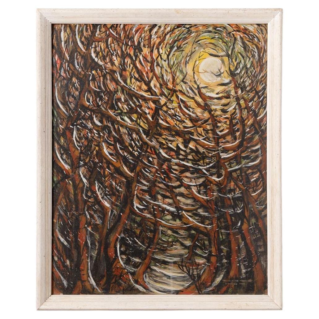 Landscape Painting di Unknown - Quadro impressionista astratto "Alberi al chiaro di luna" di David Rhode 1965