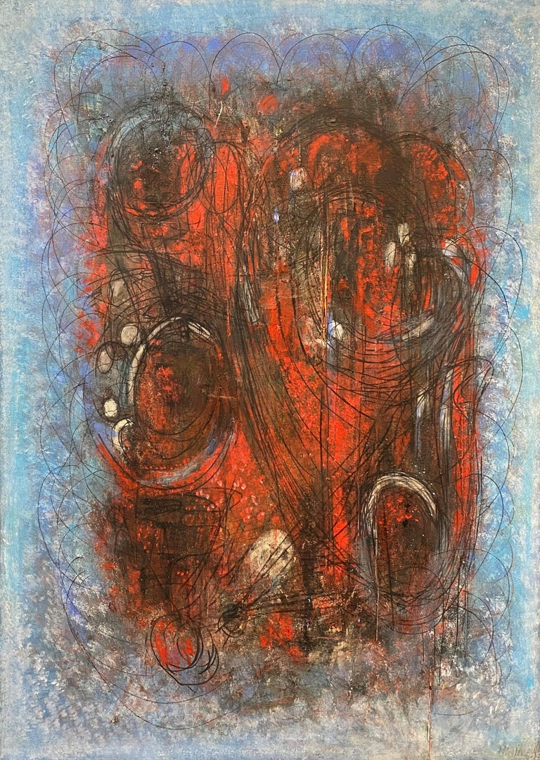 Unknown Abstract Painting - Abstract in Blues, Reds, & Black