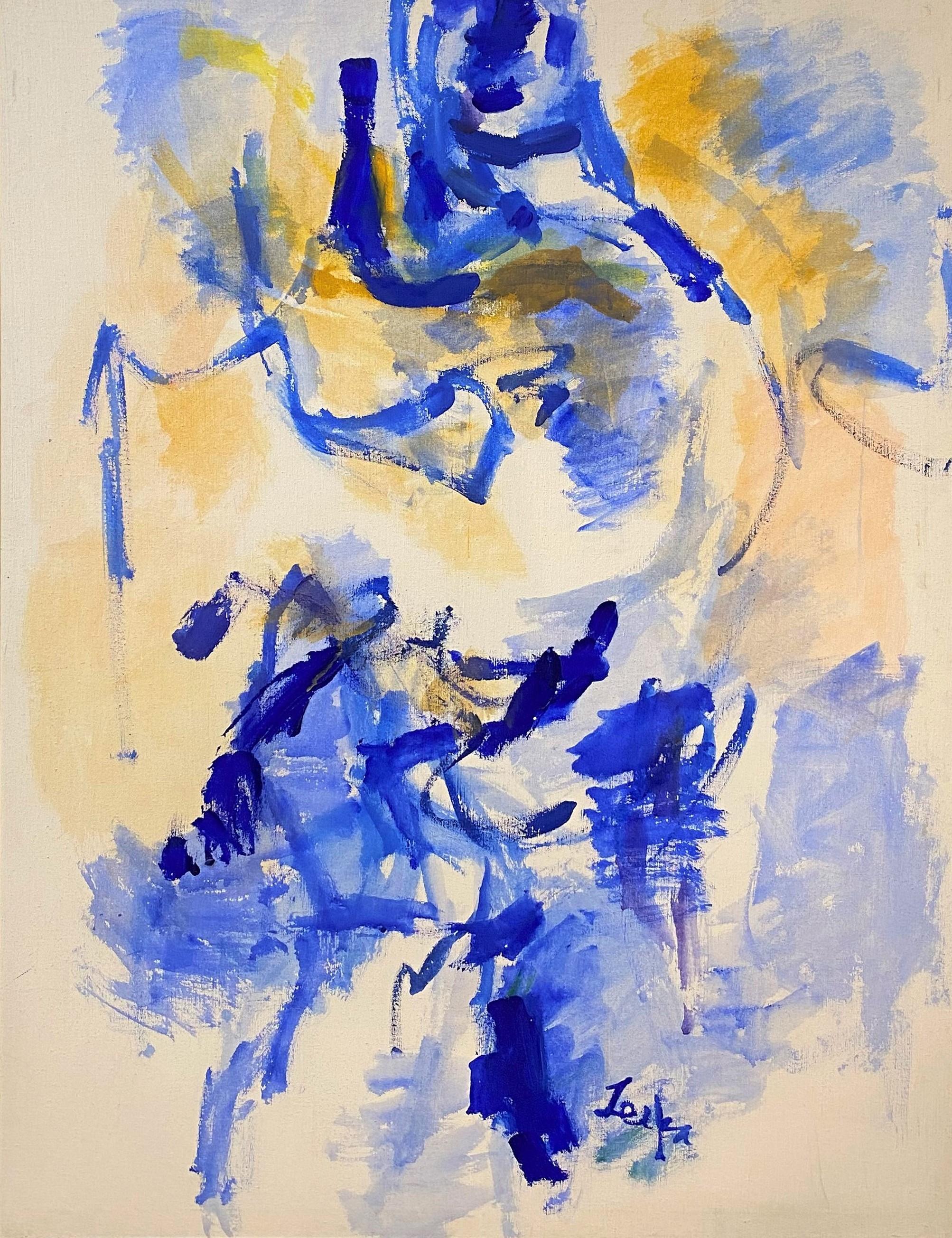 Une belle peinture à l'huile abstraite sur toile dans les tons bleus et jaunes, signée de manière illisible en bas à droite, et logée dans un simple cadre moderne chromé. Il date probablement des années 1970. Dimensions : 47 po H x 35 po L, réelles
