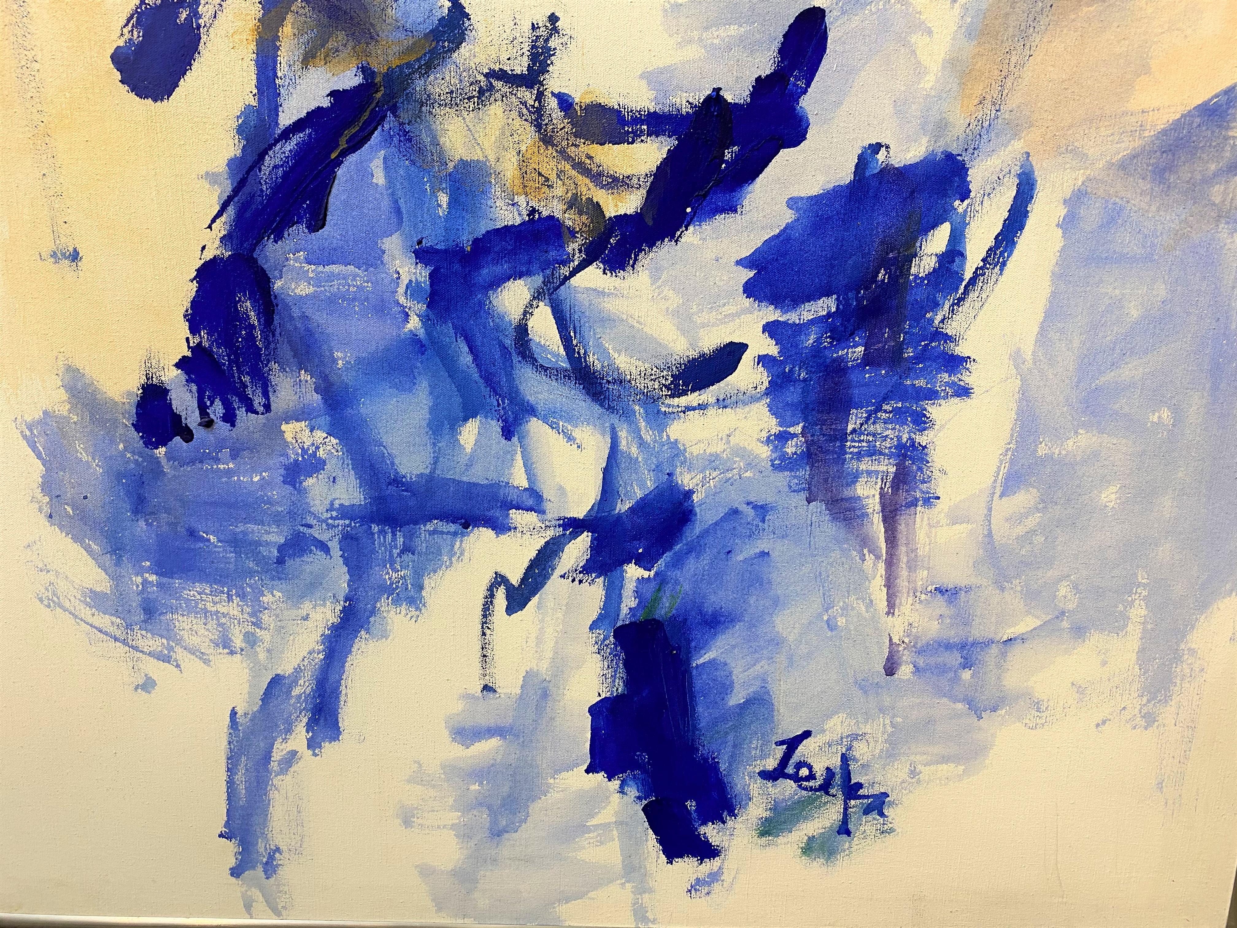 A fine abstract oil painting on canvas in blues and yellows, illegibly signed lower right, and housed in a simple modern chrome frame. Probably dates to the 1970’s. Dimensions: 47 in H x 35 in W, actual; 48.25 in H  x 36 in W, framed. Ref: 164