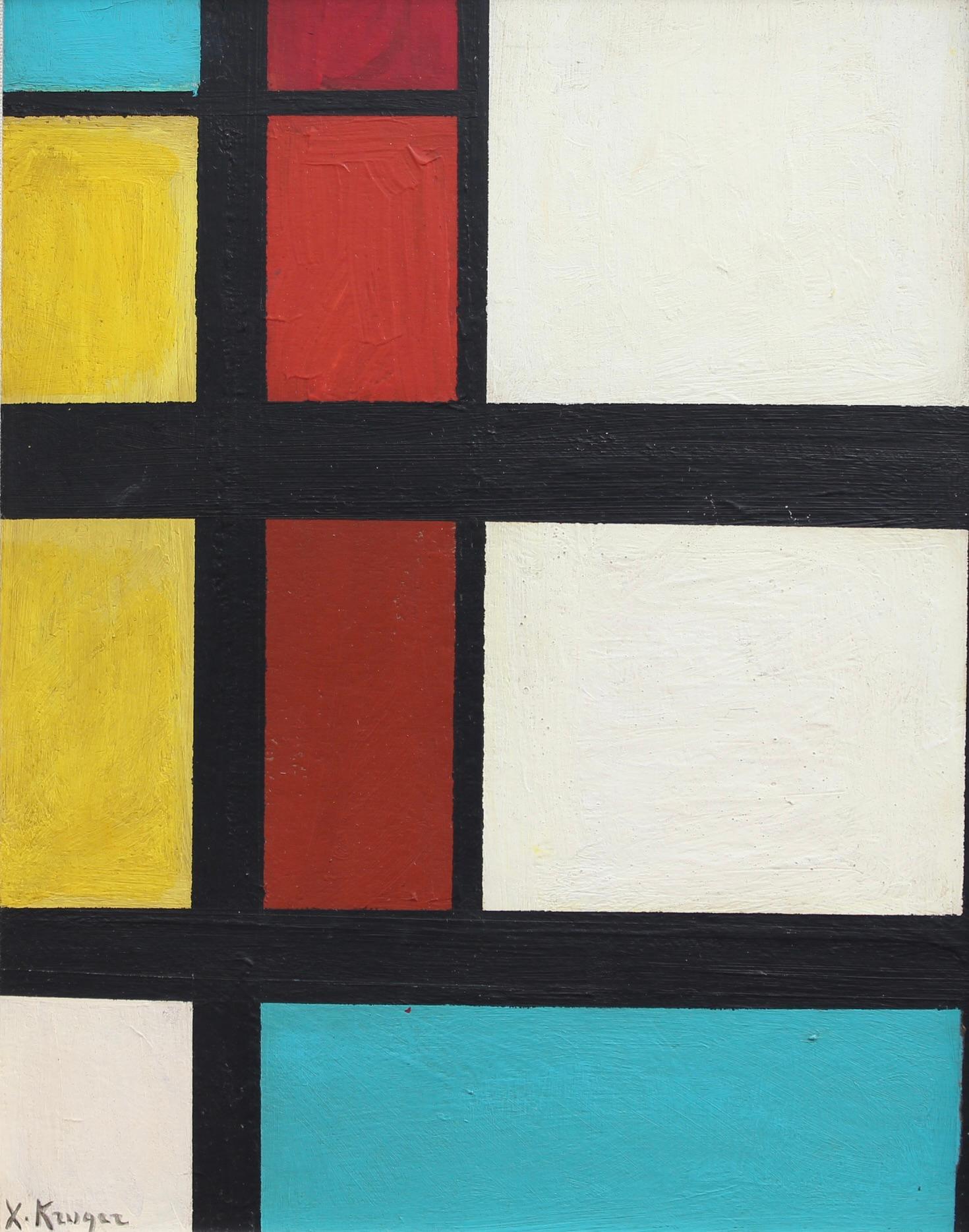 'Abstract of Lines and Colours', oil on panel (circa 1960s), German School, signed, 'X. Kruger'. This artwork is a clear homage to Piet Mondrian (1872-1944). Recognised for the purity of his abstractions, Mondrian radically simplified the elements