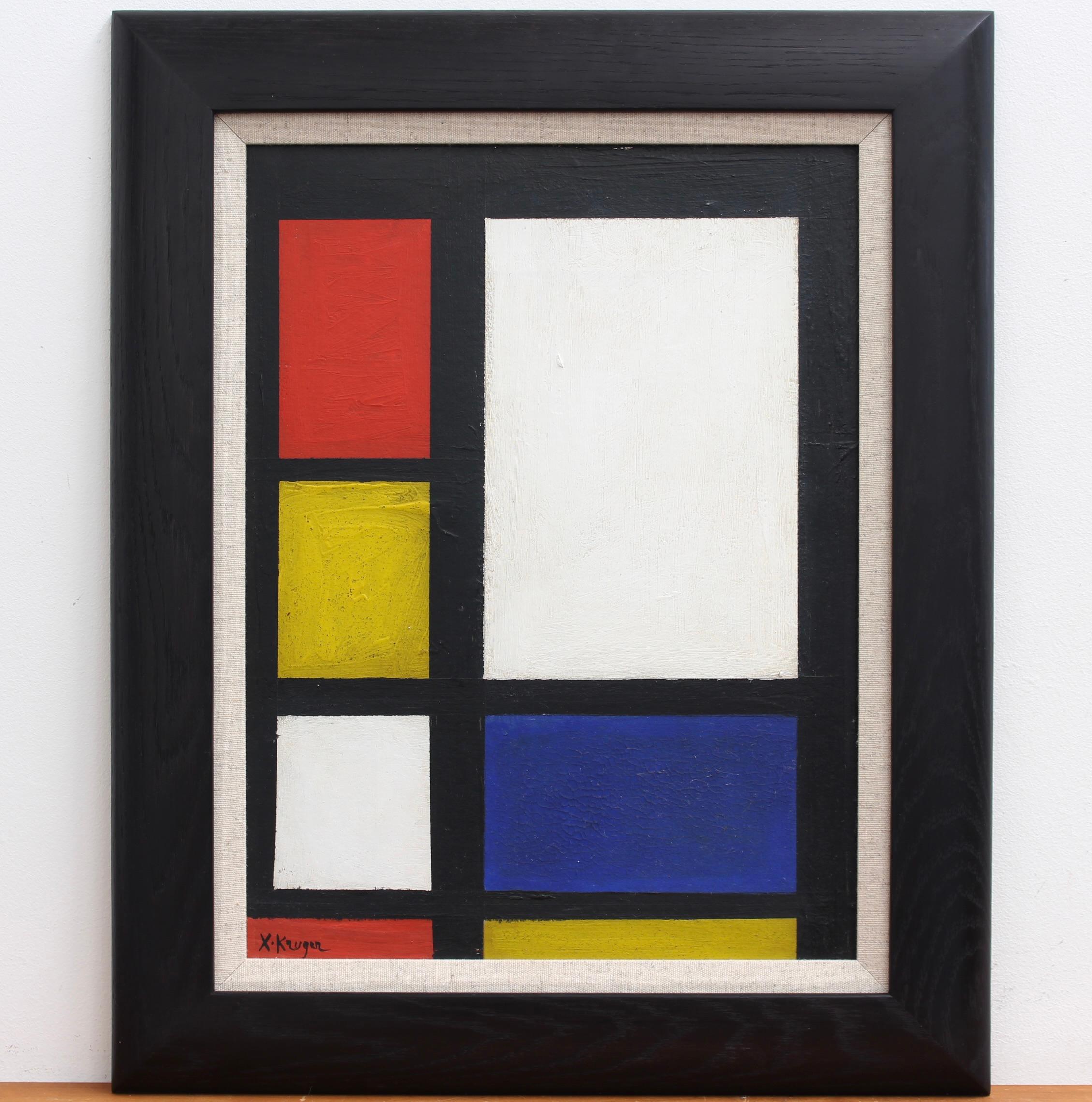 'Abstract of Lines and Colours II', oil on panel (circa 1960s), German School, signed, 'X. Kruger'. This artwork is a clear homage to Piet Mondrian (1872-1944). Recognised for the purity of his abstractions, Mondrian radically simplified the