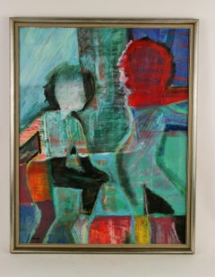 Pintura abstracta figurativa al óleo sobre tabla, firmada Sarno, mediados de siglo, 24x19".
