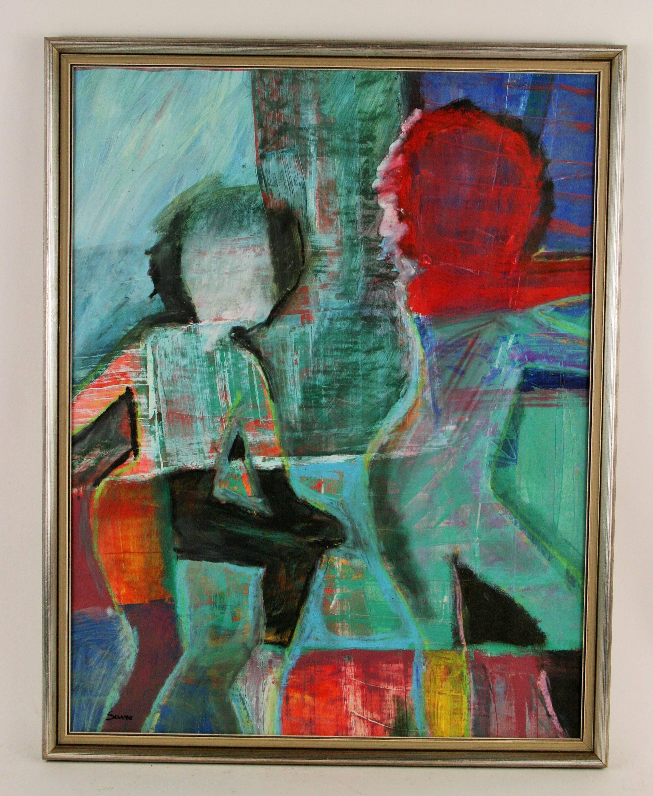 Abstraktes figuratives Ölgemälde auf Karton, signiert Sarno, Mitte des Jahrhunderts, 24x19"