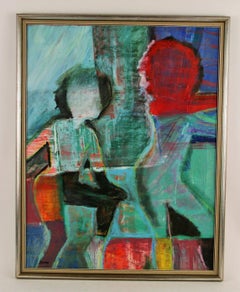 Pintura abstracta figurativa al óleo sobre tabla, firmada Sarno, mediados de siglo, 24x19".