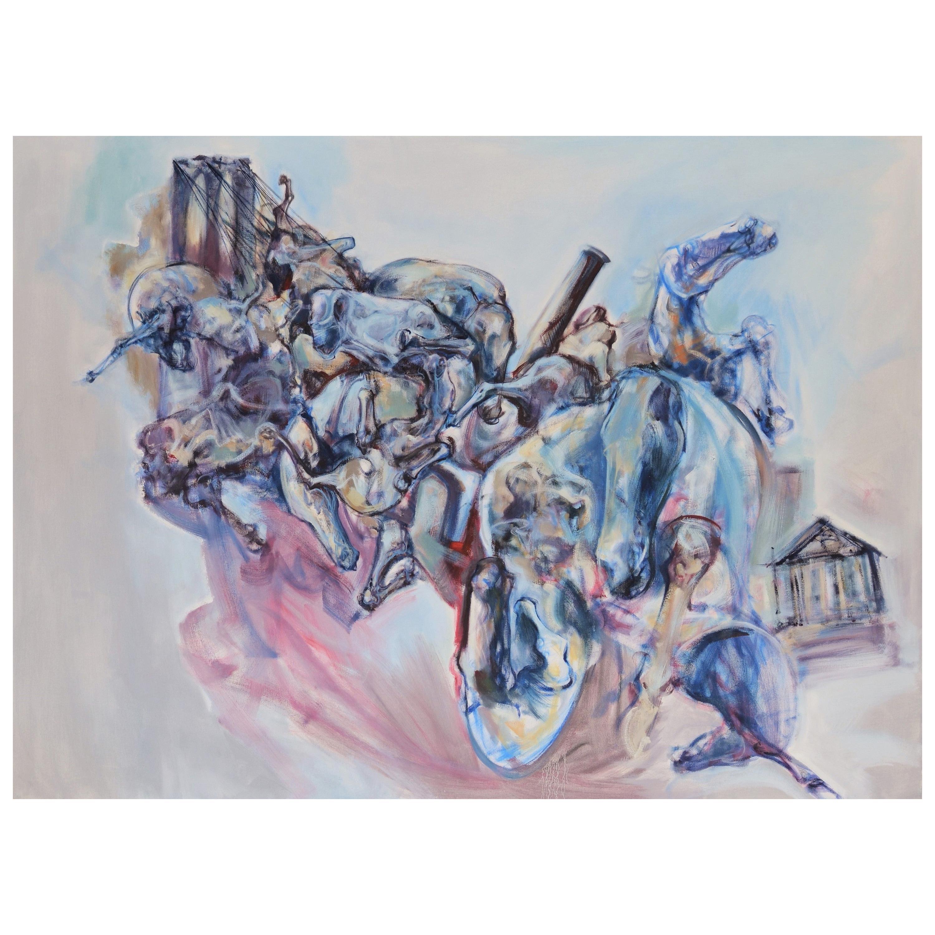 A large abstract oil on canvas painting titled " Three Cities" by the contemporary artist Igor Bogojevic ( Montenegro Born in 1980 ). The Painting features horses which has been Igor's signature work since the Start of his career. In a blue, pink