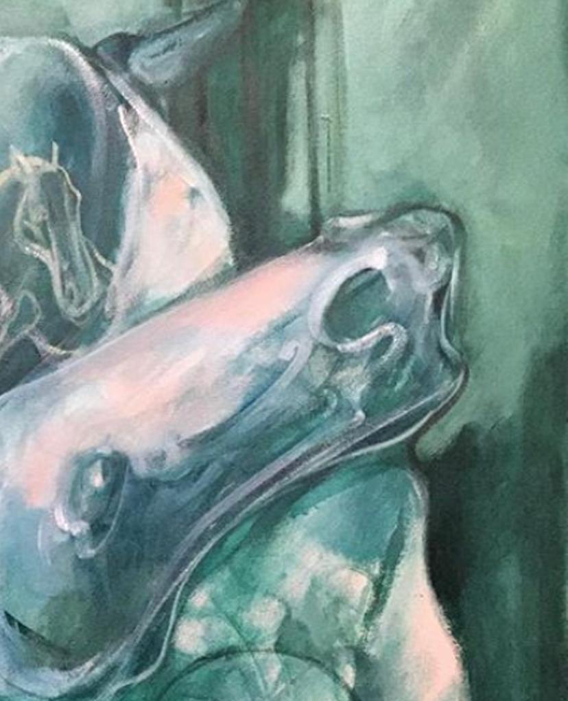 Abstraktes Gemälde, Öl auf Leinwand, Gemälde mit dem Titel „Green Dreams in a Grey City“ im Angebot 1