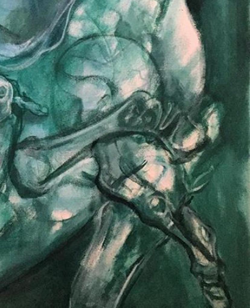 Abstraktes Gemälde, Öl auf Leinwand, Gemälde mit dem Titel „Green Dreams in a Grey City“ im Angebot 3