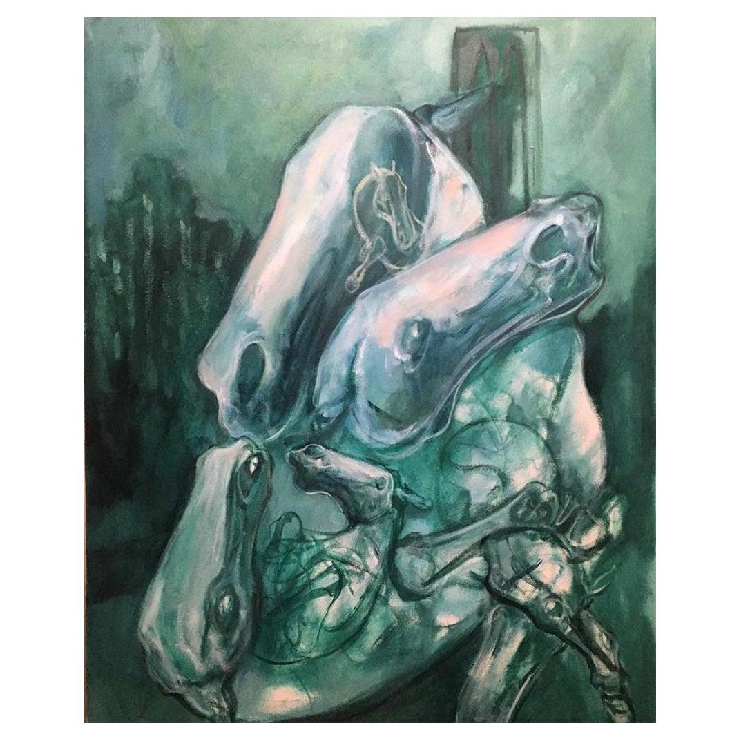Abstraktes Gemälde, Öl auf Leinwand, Gemälde mit dem Titel „Green Dreams in a Grey City“ – Painting von Unknown
