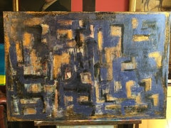 Large French Abstract Expressionist Blue Gold Cityscape Oil Painting c2000