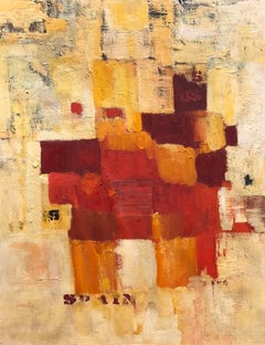 Abstrakte orangefarbene Quadrate auf gelben „Spanien“ Schablonenbuchstaben Mod Ölgemälde