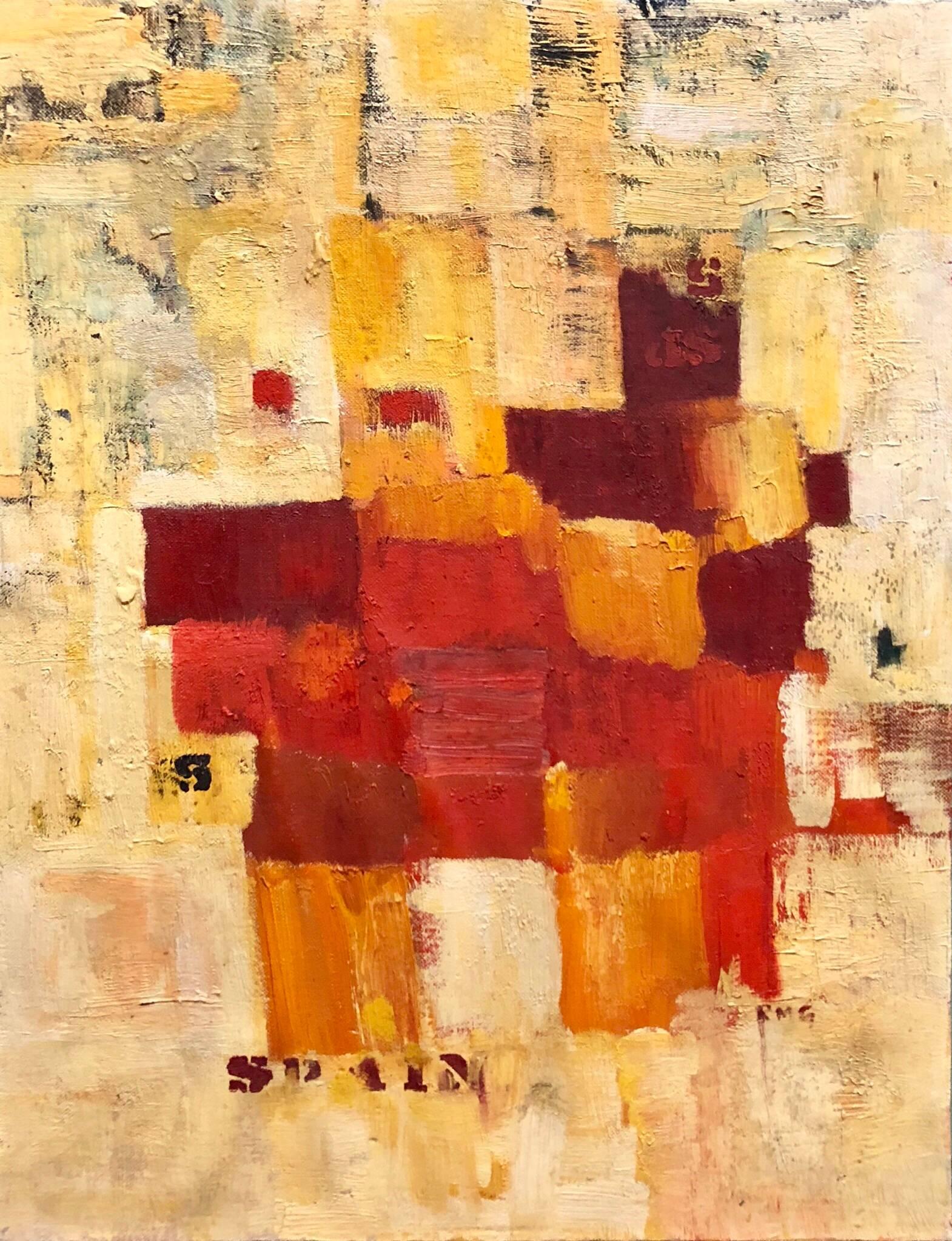 Unknown Abstract Painting - Abstract Orange Squares on Yellow "Spain" Stencilled Letters Mod Oil Painting