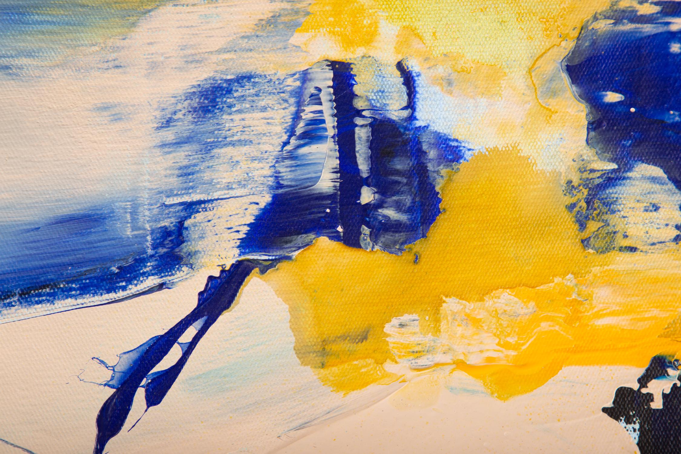Abstraktes Original-Acryl auf Leinwand „Blau, Gelb und Weiß“ (Beige), Abstract Painting, von Unknown