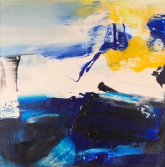 Acrylique abstraite sur toile « Bleu, jaune et blanc »