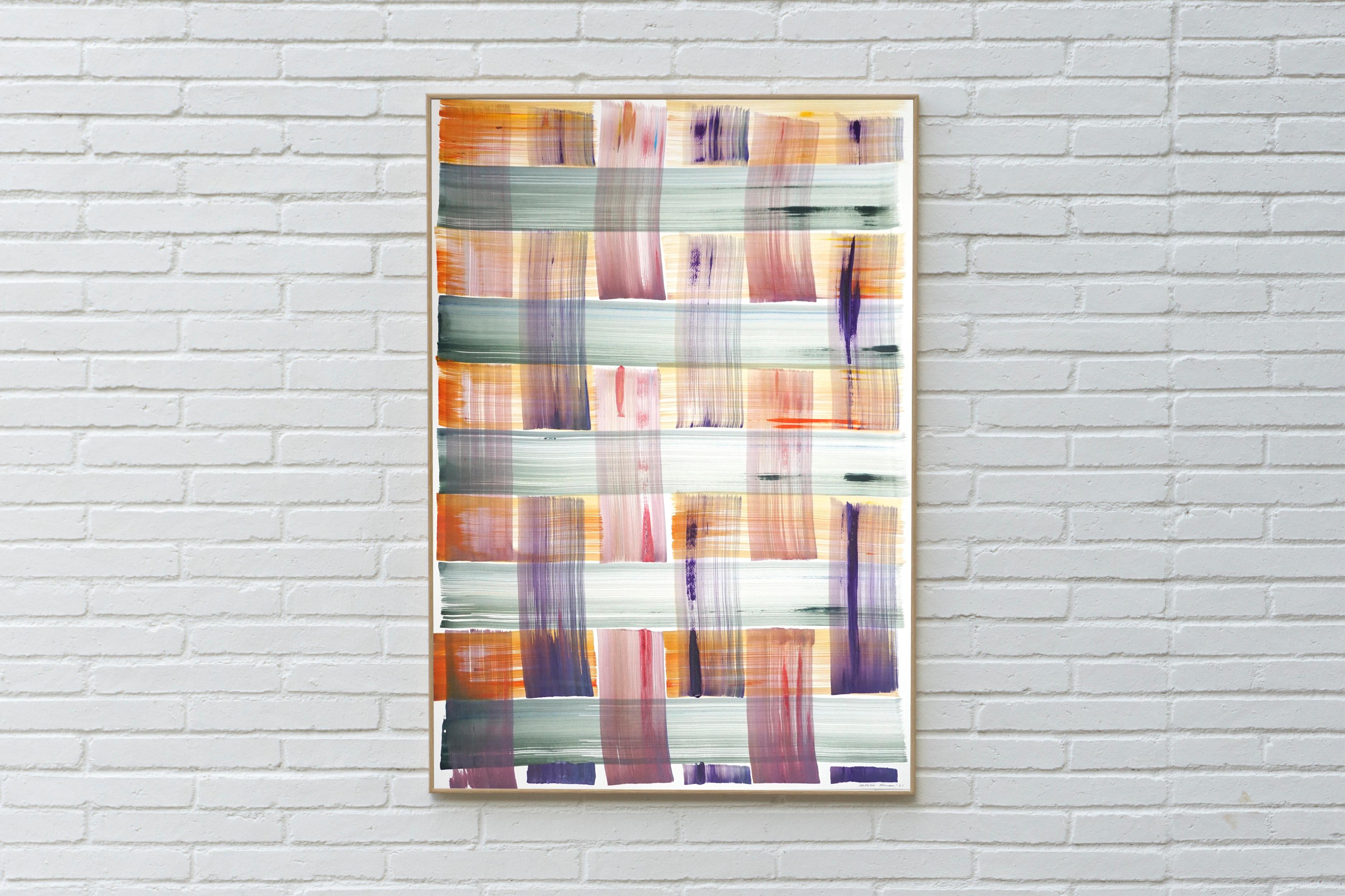 Abstract Painting of Colorful Grid Pattern in Warm Tones, Beach Cabin Style  4