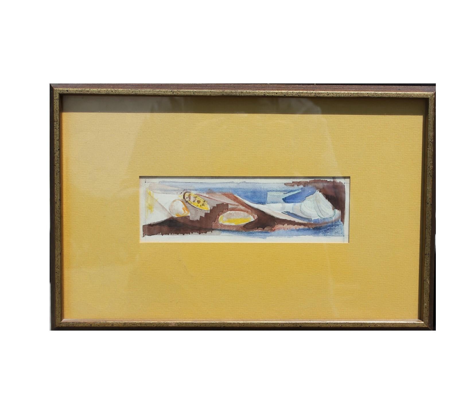 Small size watercolor image of shells. Painting is mainly blue, yellow and brown tones. Painting is framed in a painted wooden gold frame with a yellow matte.
Dimensions without Frame: H 3.5 in x W 8.5 in.
