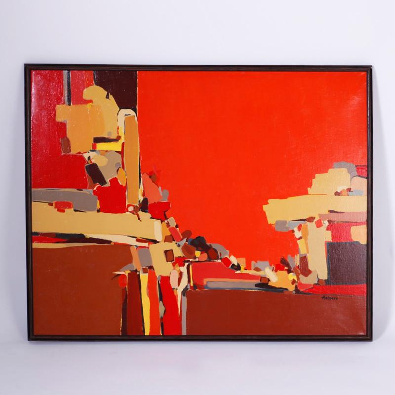 Midcentury acrylic abstract painting on canvas with an exciting palette and a bold confident style, expertly conceived and executed. Signed Halpern on the lower right and titled "Red Valley" on the back.