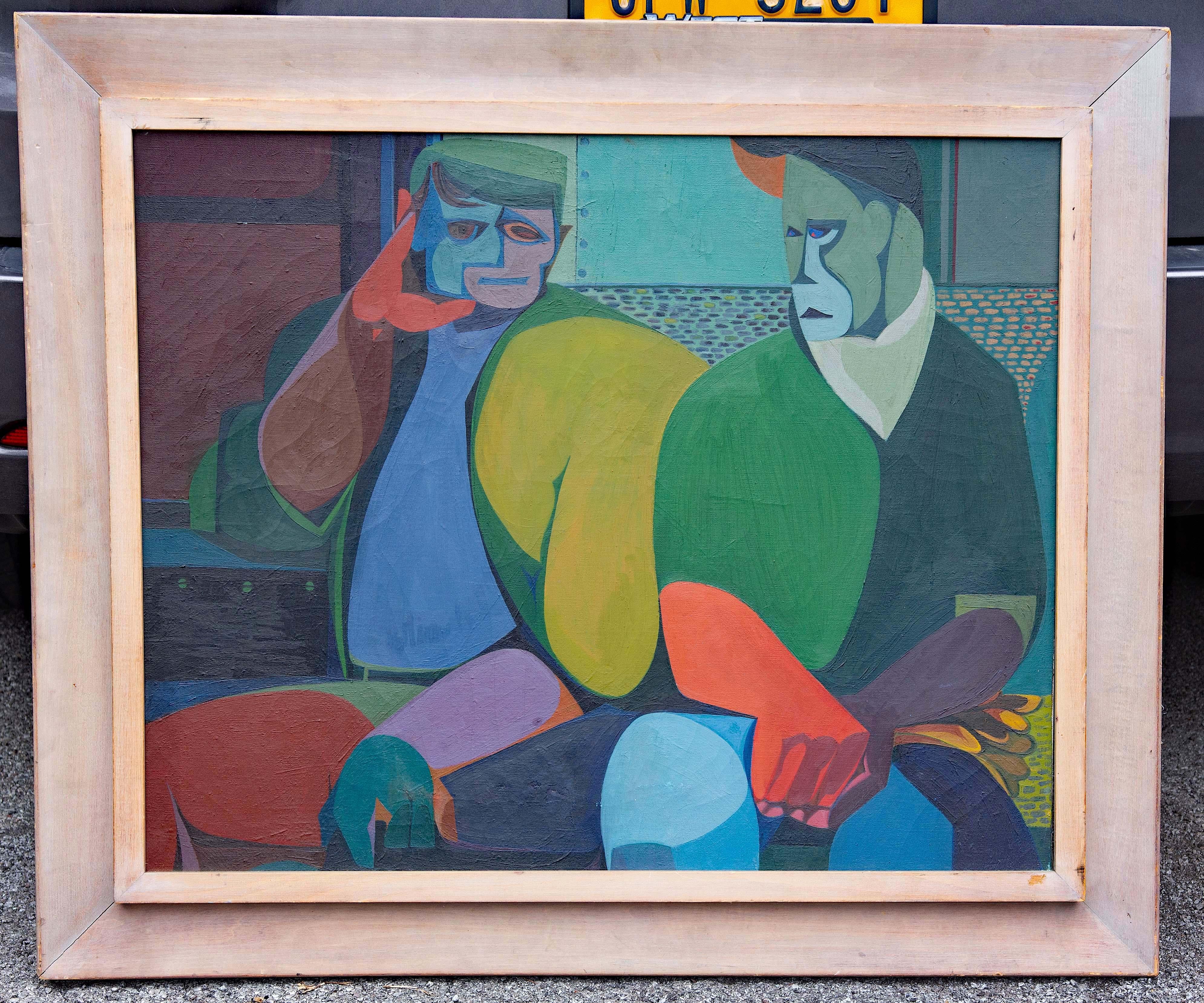 Abstract painting of factory or industrial workers. Painted Christmas eve 1949 by Roy Howard Brown. Beautiful bold colors. In original modernist frame.















# union worker