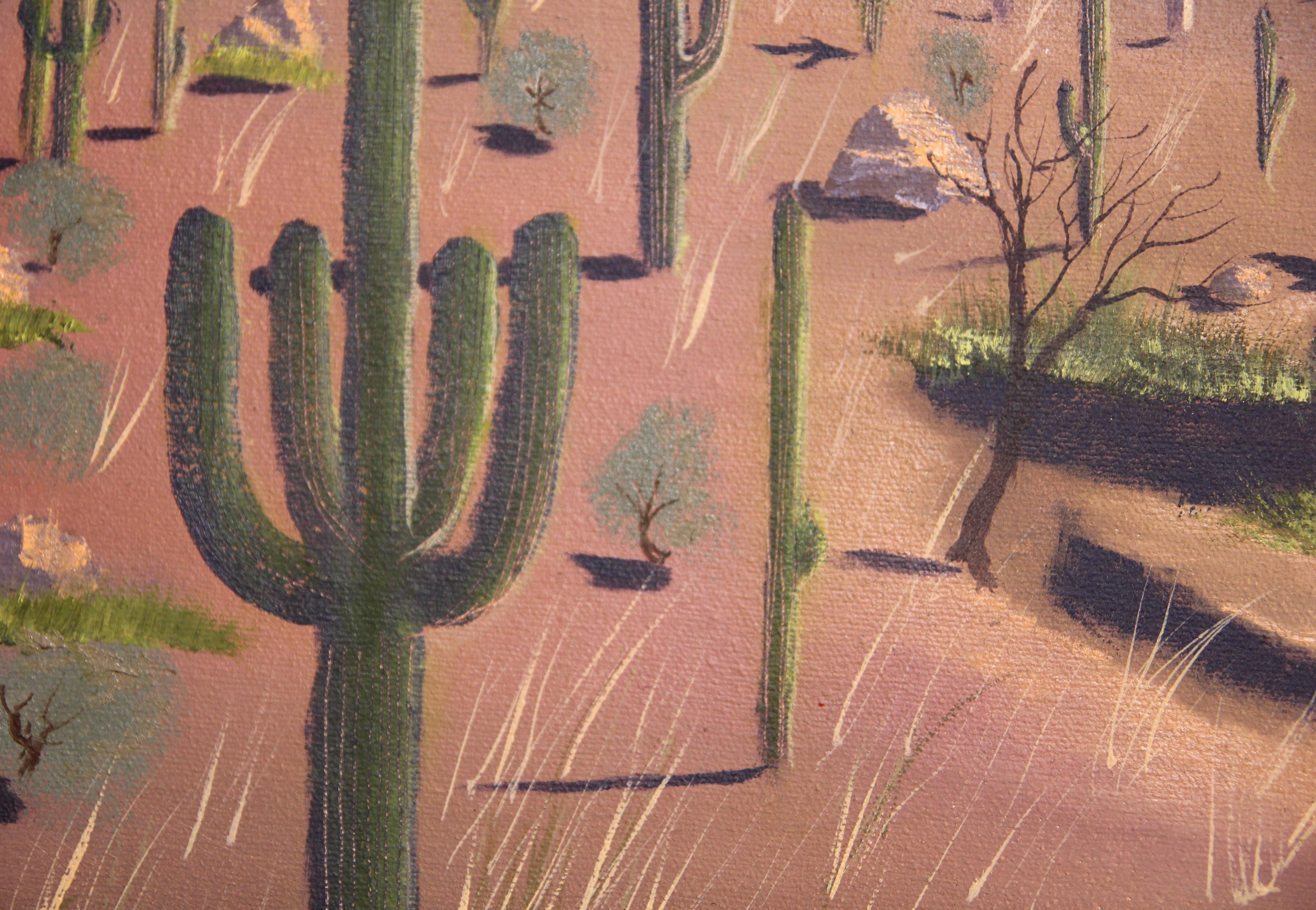 Abstract Pink and Purple Desert Landscape with Cacti and Animals Signed Thornton - Painting by Unknown