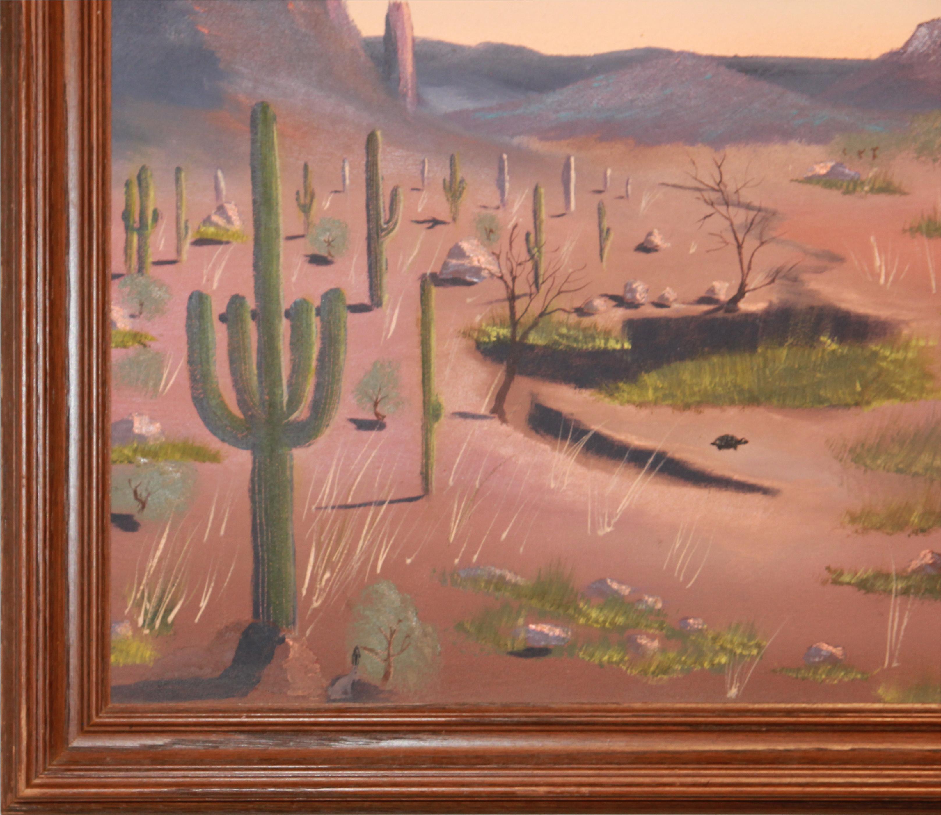 Abstract Pink and Purple Desert Landscape with Cacti and Animals Signed Thornton 2