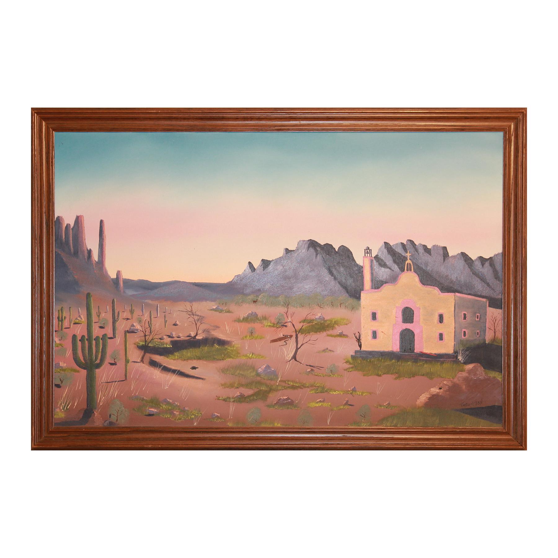Unknown Abstract Painting - Abstract Pink and Purple Desert Landscape with Cacti and Animals Signed Thornton