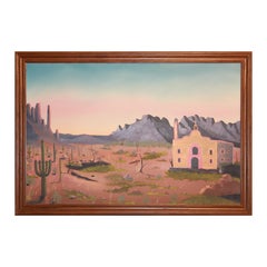 Abstract Pink and Purple Desert Landscape with Cacti and Animals Signed Thornton