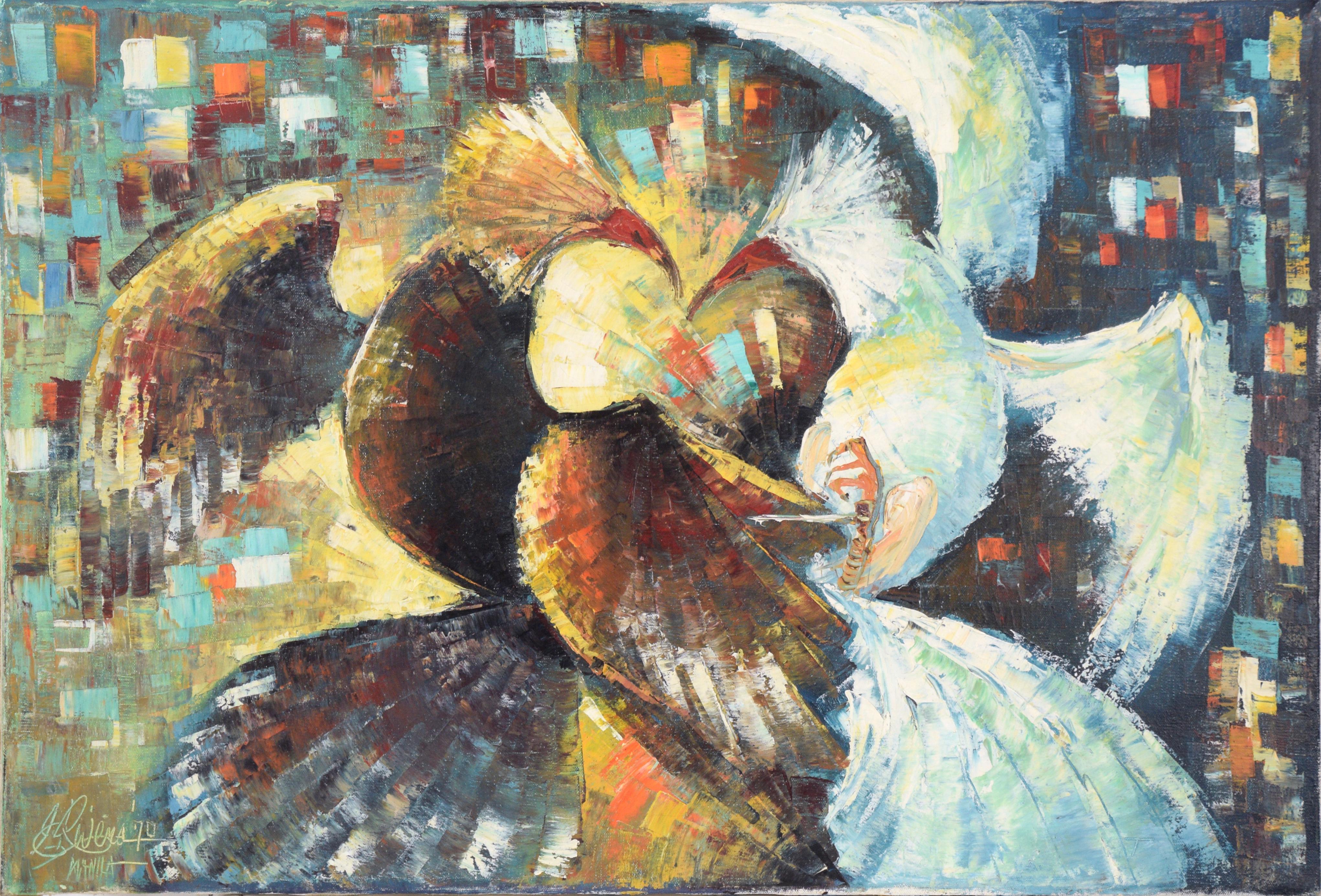 Unknown Figurative Painting - Abstract Rooster Fight Philippines 1970