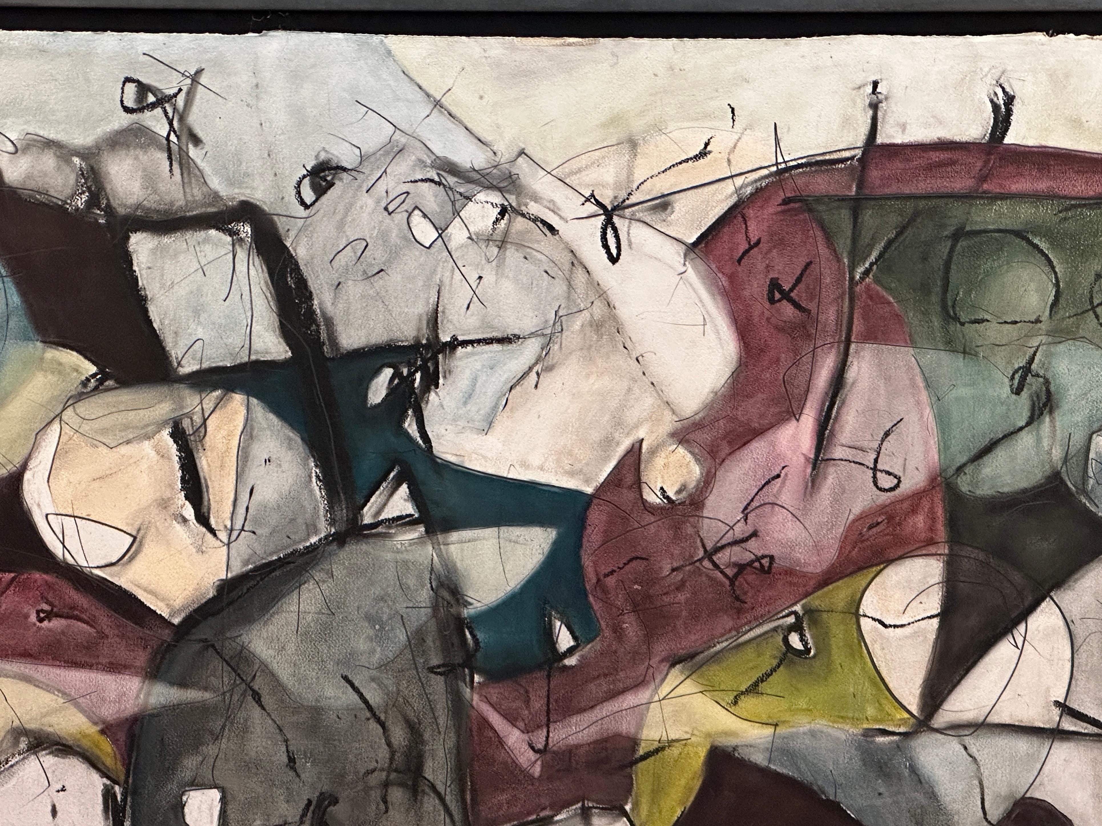 An abstract landscape painting on board, signed and dated '91 in the lower right, presented in a black metal frame. 

The black in this painting, far from being a void or absence, reveals itself to be of infinite depth, holding the key to the work's