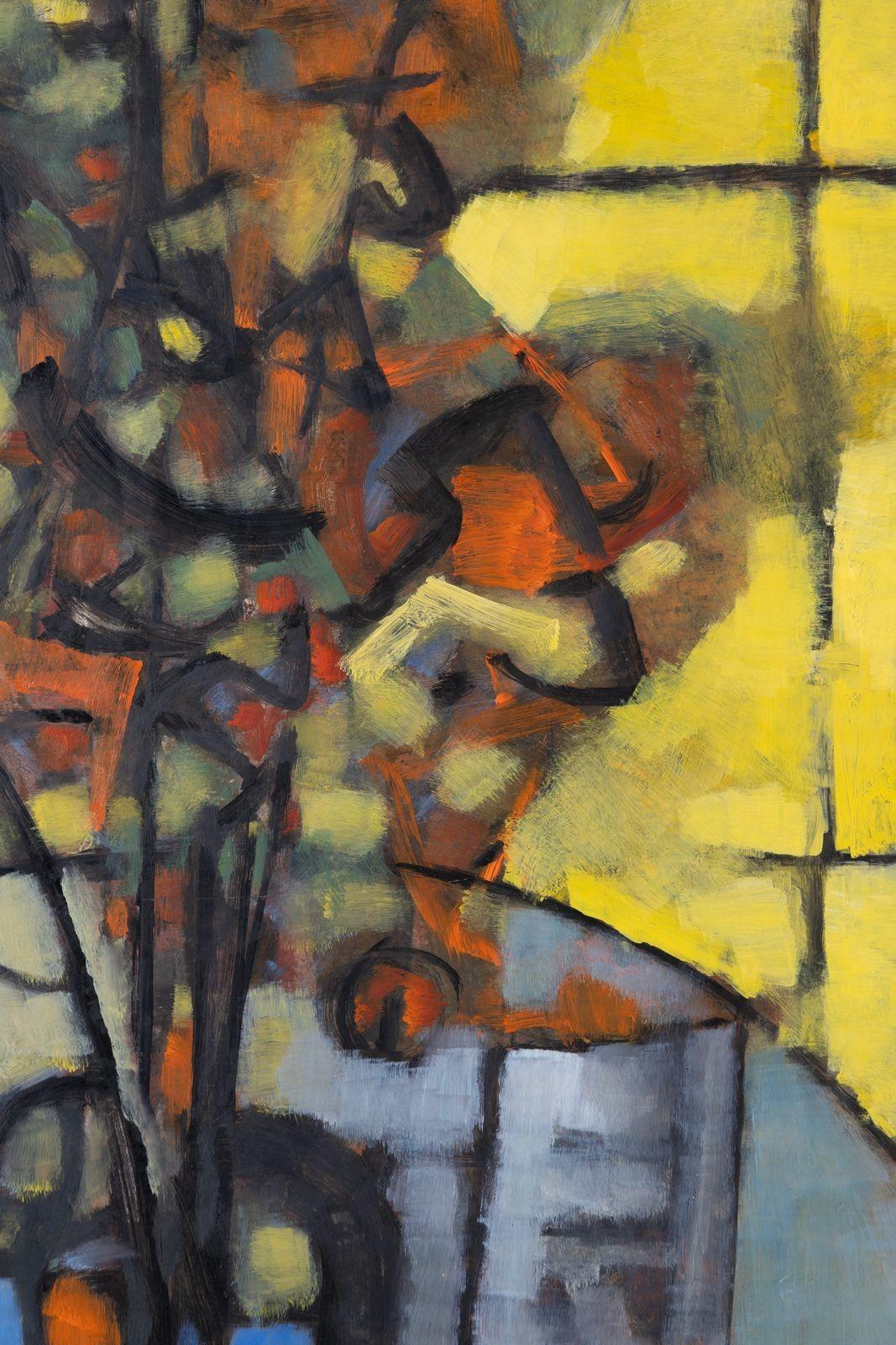 Exceptional abstract sill life painting by Stephen Thomas Rascoe 1924 - 2008. Stephen Rascoe is a classically trained Texas artist whose works can be found in countless museums and private collections around the world. This painting is an oil on