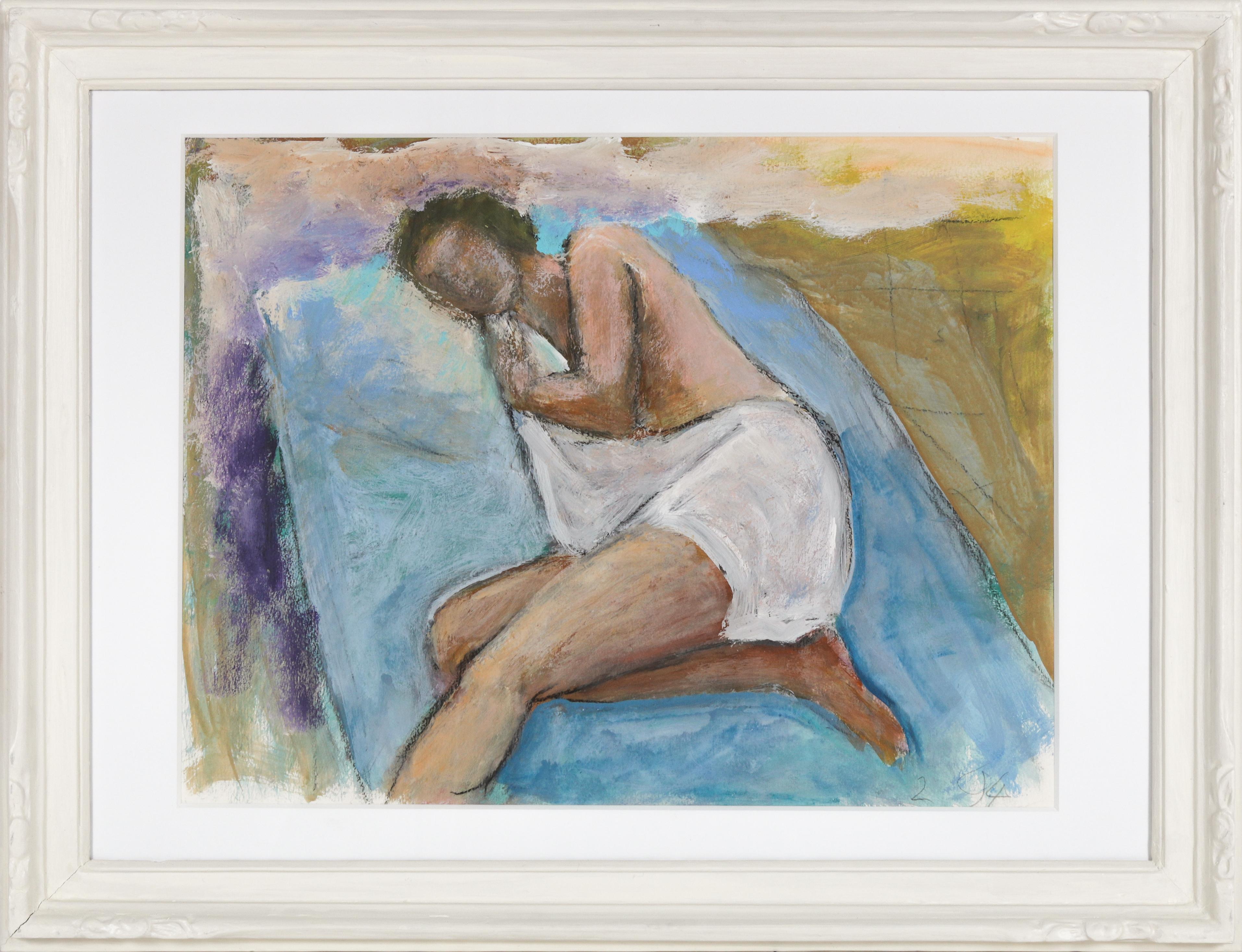 Unknown Figurative Painting - Abstracted Lounging Figure 1994 Mixed Media