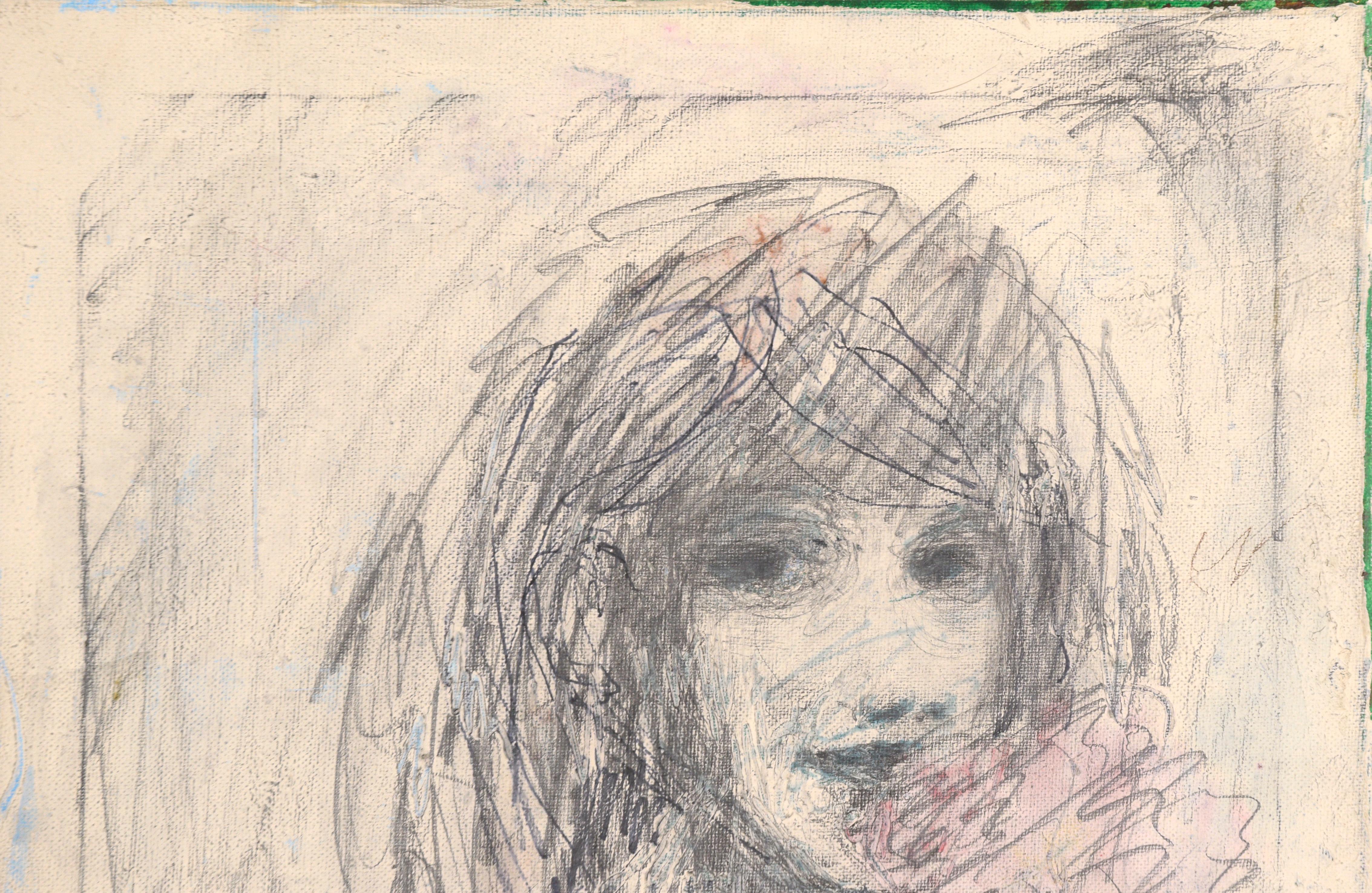 Contemporary Abstracted Portrait of a Girl with a Flower - Painting by Unknown