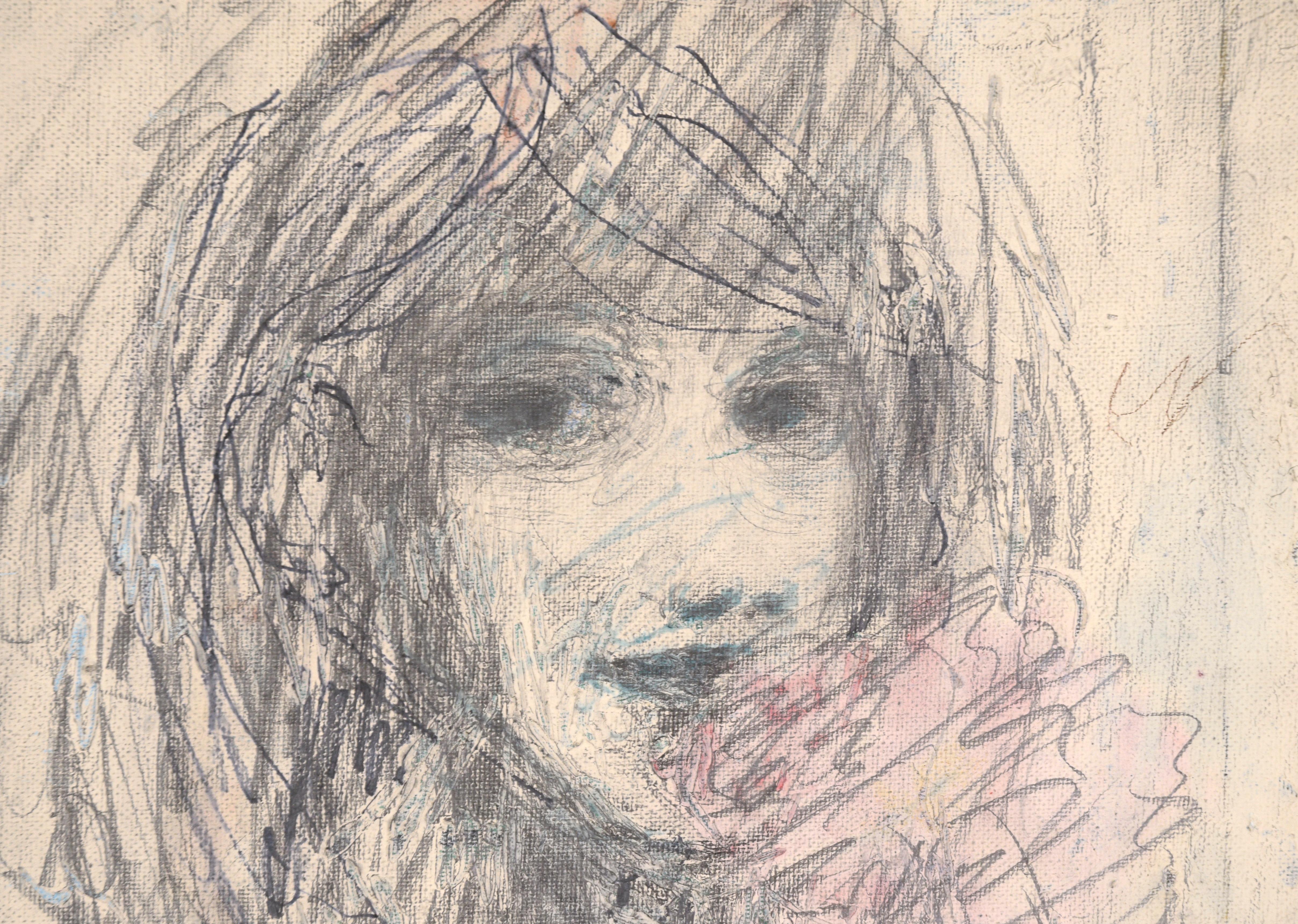 A contemporary abstract expressionist portrait of a girl holding a flower by an unknown artist. Acquired with a collection of work by Michael Pauker (American, b. 1957) - could possibly be work by one of his students. Unsigned. No frame. Canvas