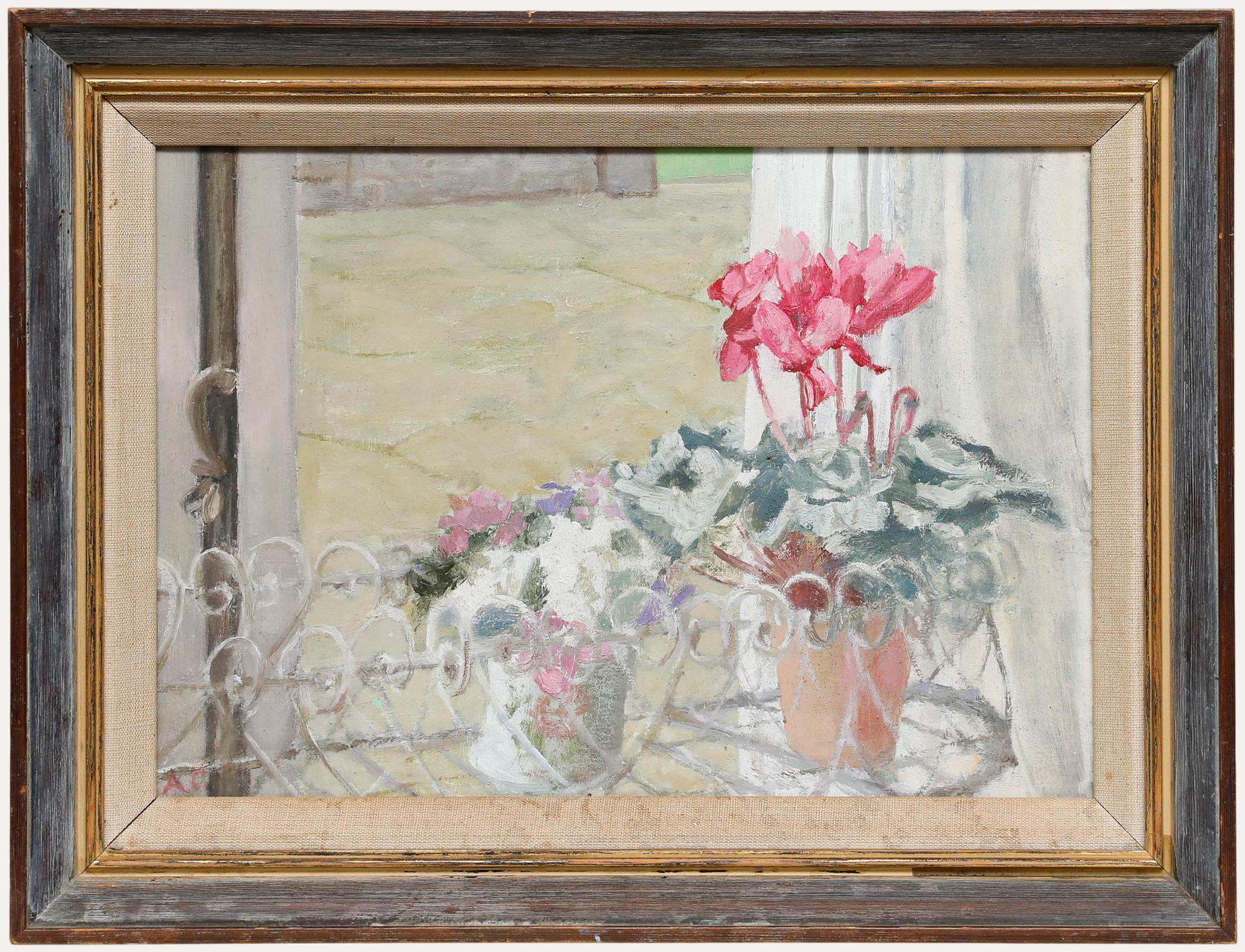Unknown Still-Life Painting - A.C - 20th Century Oil, Study of a Cyclamen