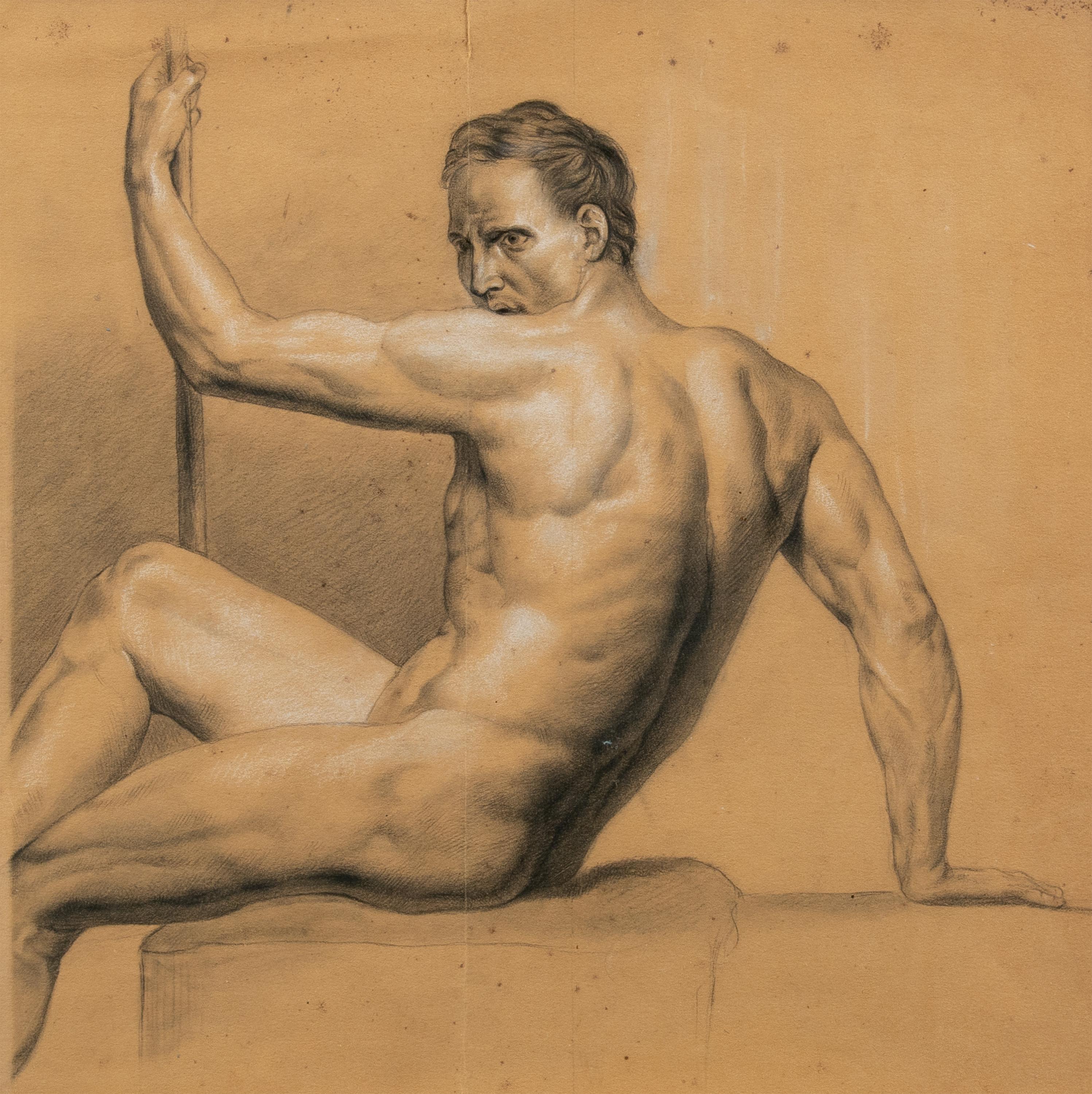 Academic nudes painter - 19th century figure drawing - Pencil paper Italy - Painting by Unknown